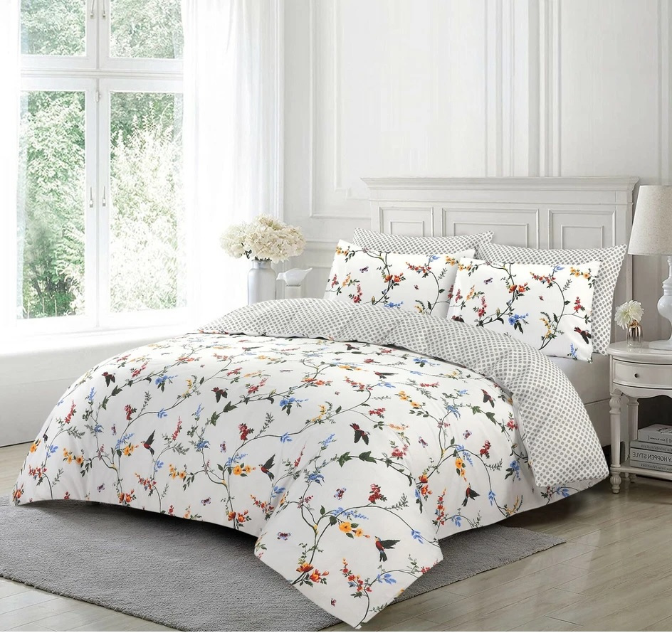 Luxury 3pcs Reversible Printed Duvet Cover Set Soft Breathable White Floral Bedding with Elegant Lily & Daisy Flower Design for Double King Super King Size Beds