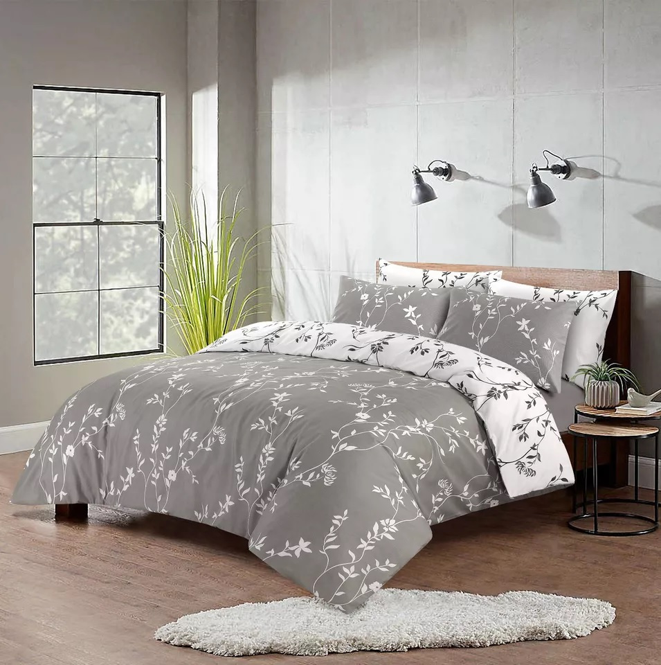 Luxury 3pcs Reversible Printed Duvet Cover Set Soft Breathable White Floral Bedding with Elegant Lily & Daisy Flower Design for Double King Super King Size Beds