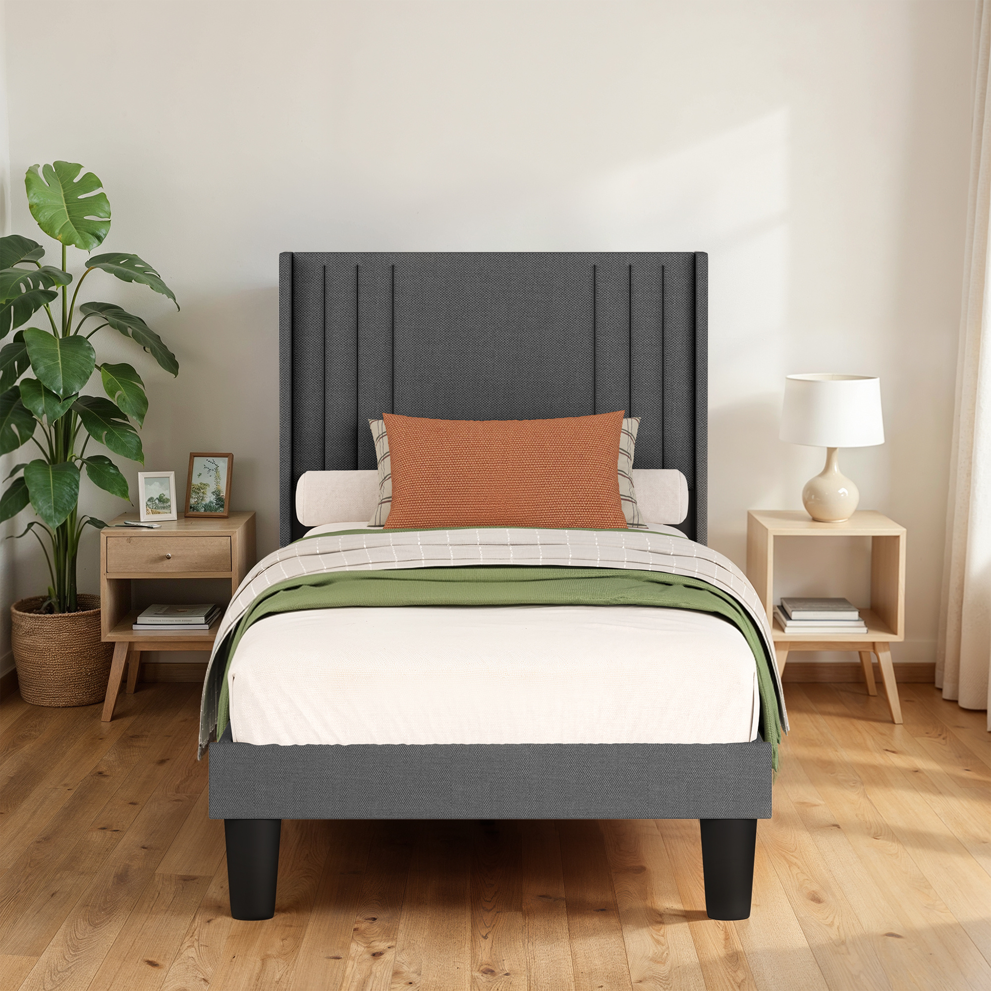 Bed Frame Bf44 – 90 X 200 Cm – With Upholstered Headboard – Dark Gray/beige