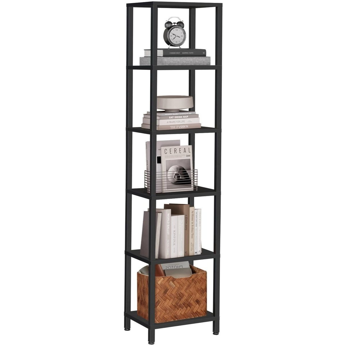 Image of Narrow Cabinet Bookcase Storage Cabinet With 5 Shelves For Small Spaces, Hall, Bedroom, Industrial Storage Shelf, Display Shelf, In.homexl , Black, 38x27x165 Cm