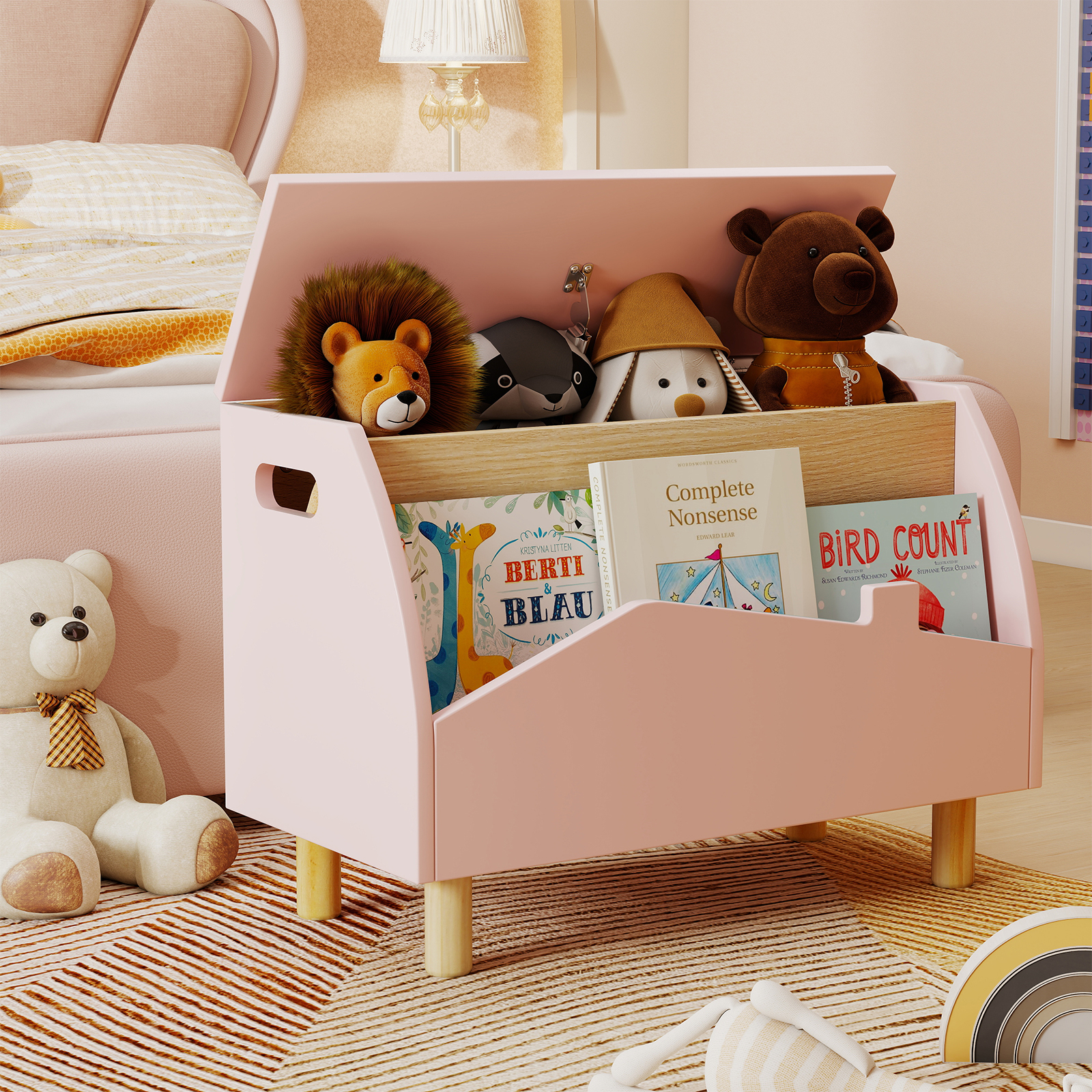 Image of Kids Toy Box W/ Safety Hinge, Wooden Storage Chest For Children, Kids Storage Box W/ Handles, Storage Organizer For , Toys For Kids Room Playroom Bedroom Living Room