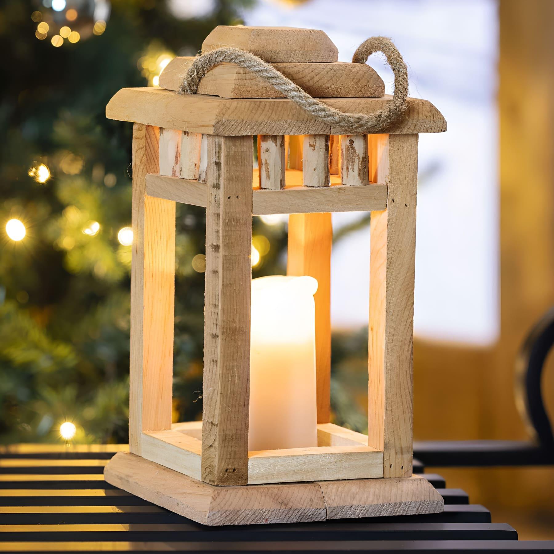Image of " Lantern Made From Recycled Wood, Rustic Style, 28 Cm Tall, Candle Holder, Wooden Lantern, Candle Stand