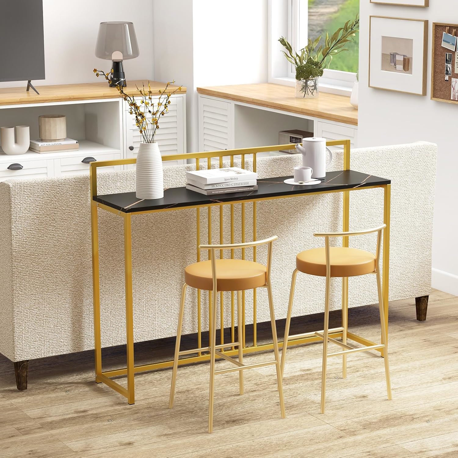 Image of Modern Minimalist Console Table, Narrow Sofa Side Table W/ Marble Tabletop & Golden Metal Frame, 120cm Space- Entryway Table For Living Room, , Hallway, White & Gold