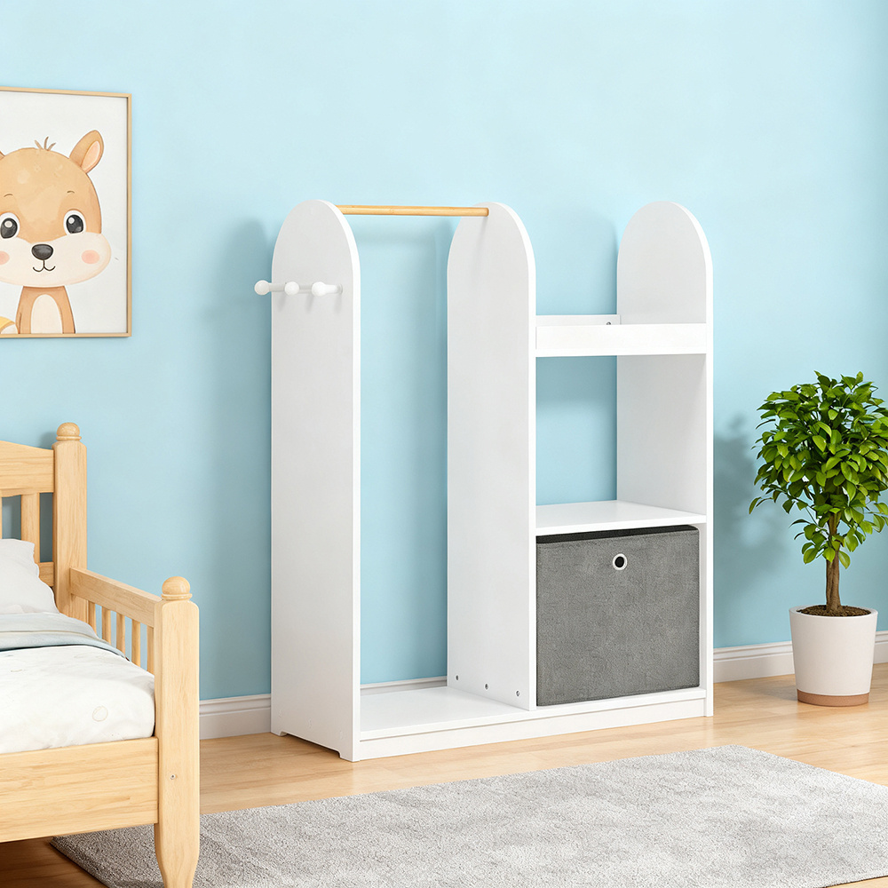 Children's Wardrobe With Clothes Rail, 3 Compartments, 3 Hooks, And Fabric Box, With Open Storage Space For Kids' Room, White, 97x108x35cm, Stable, Functional, Modern