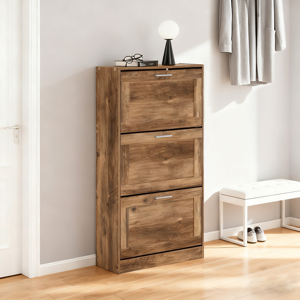 Image of Narrow Shoe Cabinet With 3 Flaps – Space- Closed Shoe Rack With Adjustable Height Compartments For , Small Apartments – Vintage, 20kg Load Capacity? 60x115x23cm Fsr137-l-f
