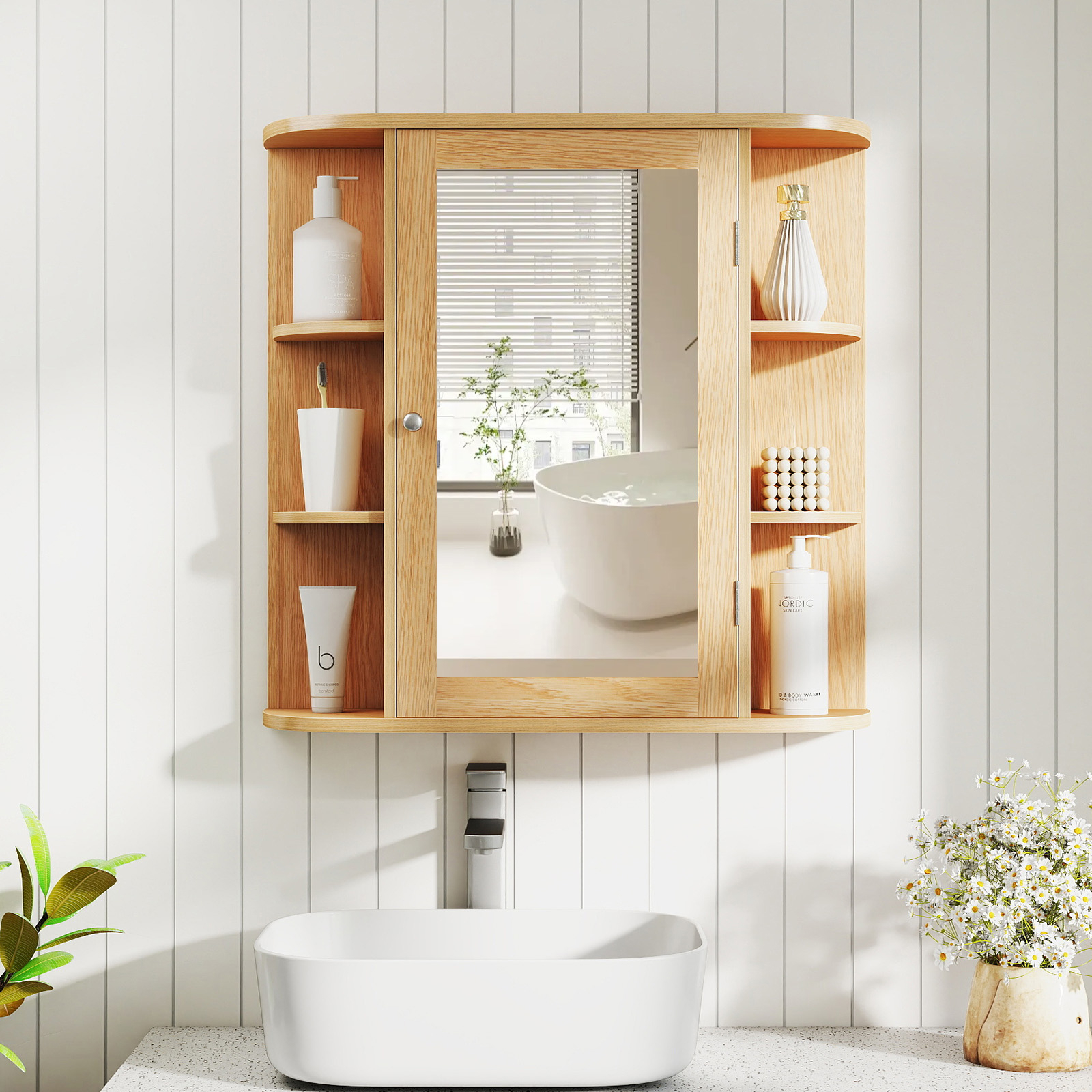 Image of Wall-mounted Bathroom Cabinet, Mirrored Storage Cabinet, Wooden Hanging Cabinet W/ Adjustable Shelves & Fan Shelves, Multipurpose Medicine Cabinet For Bathroom, Living Room, Kitchen, Natural