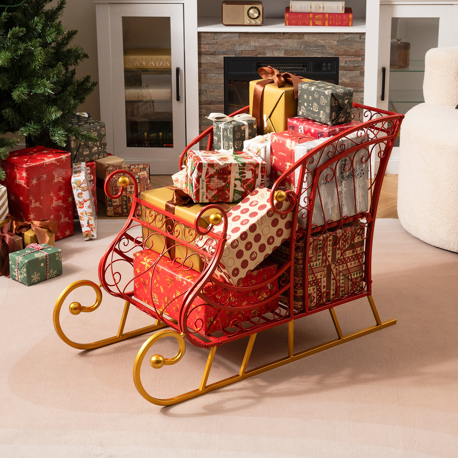 Image of Metal Christmas Santa Sleigh Basket, 2-tier Gift Storage Sleigh, Festive Decorative Sleigh Cart, Holiday Decoration For Home Office Carnival, Red