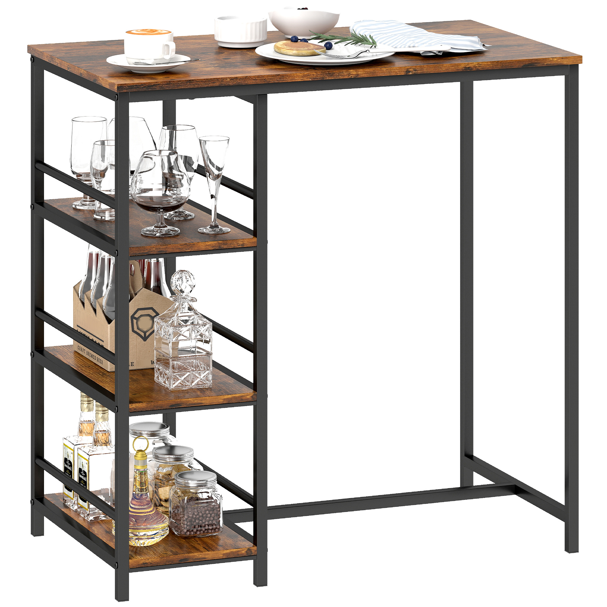Homcom Bar Table Standing Kitchen Table With 3 Storage Shelves And , For Dining Room And Kitchen, 90 X 50 X 90.5 Cm, Rustic Brown, Black