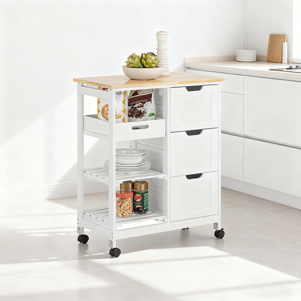 Image of Serving Cart With Wheels – Kitchen Cart With 2 Removable Shelves And 1 Tray – Side Table Rolling Cart For Kitchen, Living Room, Dining Room – White, 68x85x38 Cm, Up To 50 Kg