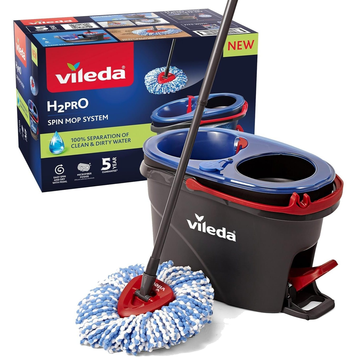 Vileda H2PrO Spin Sistema de Mopa, Doble Cámara de Separación de Agua, Escurrido sin Es...