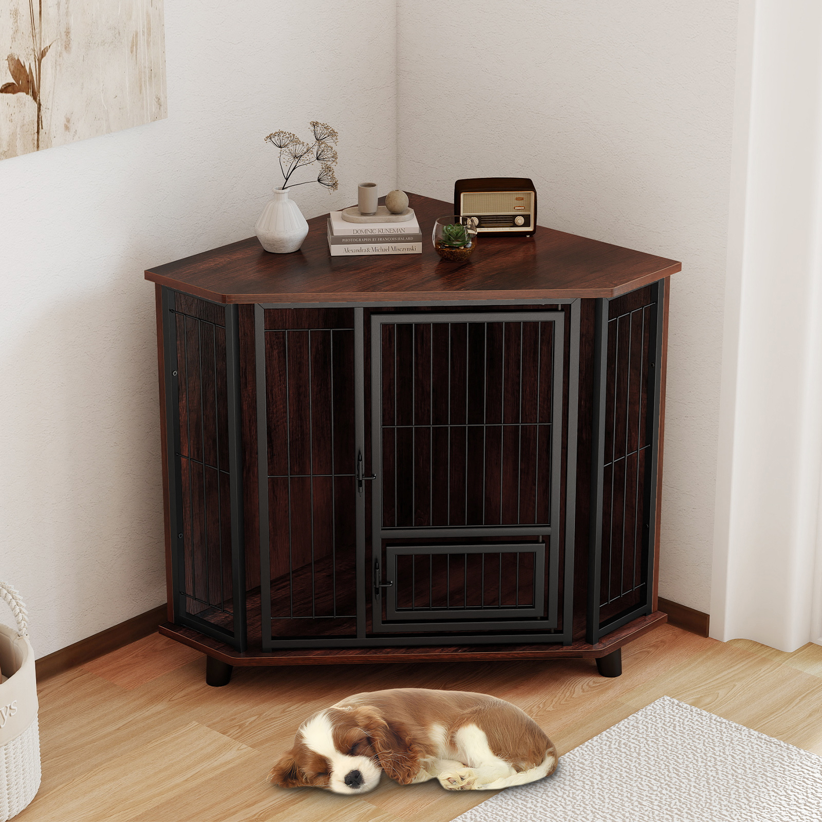 Image of Corner Dog Crate, Space Dog Cage W/ Feeding Door, 3 Rubber Wood Legs, Lockable Door, Metal Frame, Wide Countertop, Multifunctional Pet Kennel Side Table For Indoor Small, Medium, Large Dogs