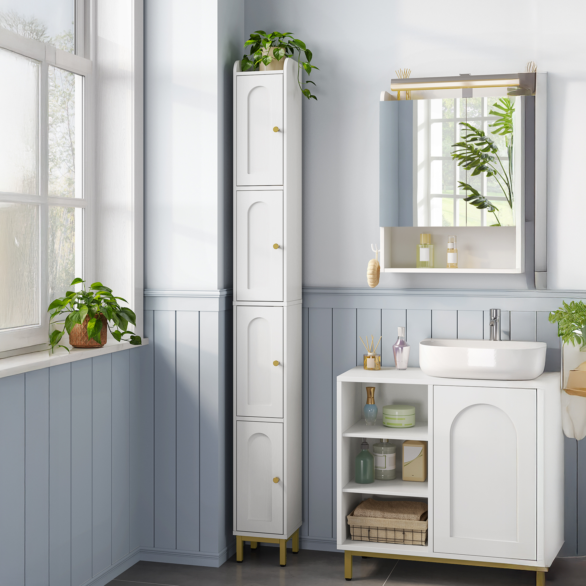 TEMU Mueble Columna de Baño, Armario de Almacenaje, 4 Estantes Ajustables y 4 Puertas, con Patas Ajustables, para baños, , 28 x 28 x 180 cm