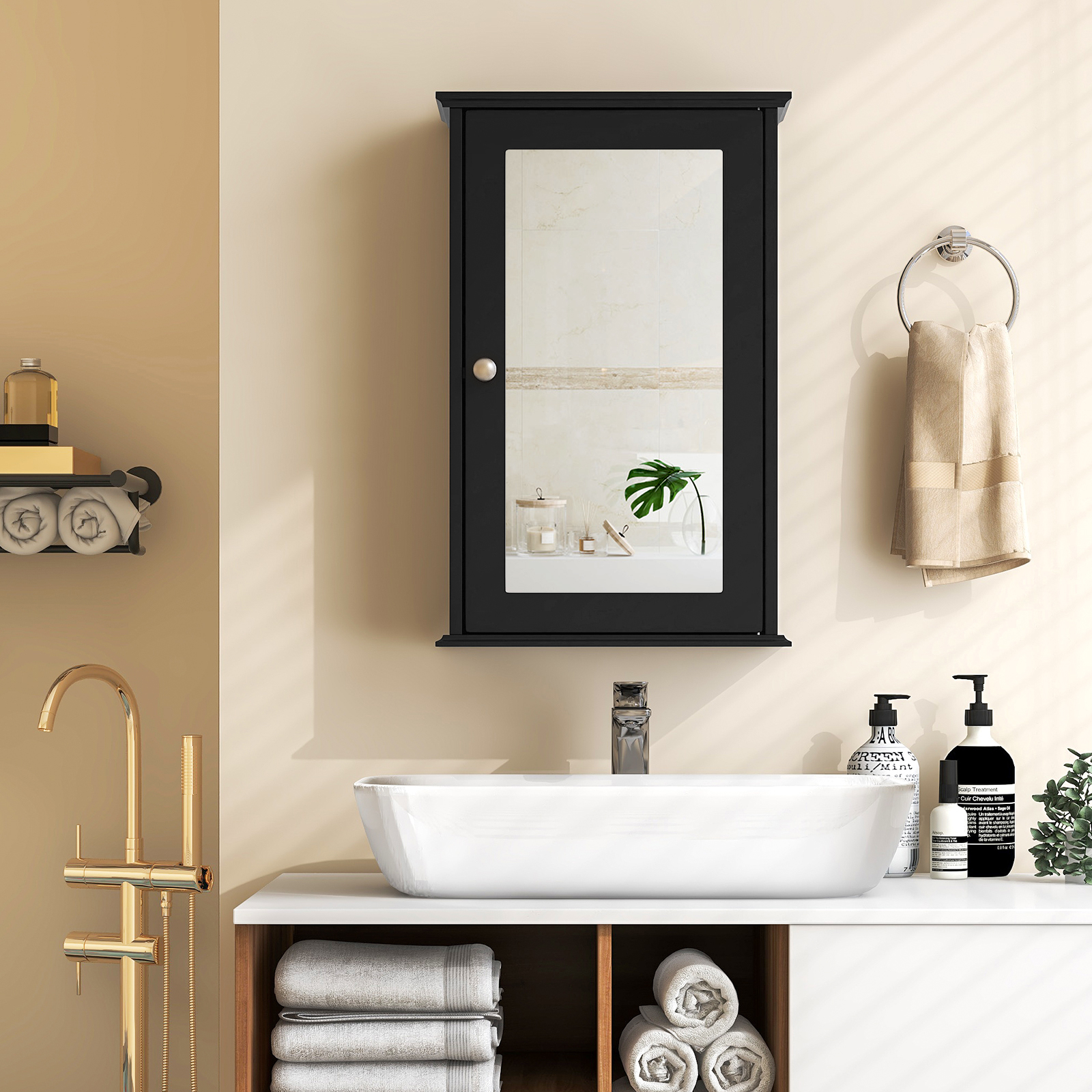 Image of Bathroom Wall Cabinet With Mirror, Wall-mounted Medicine Cabinet With Reversible Single Mirror Door, Adjustable Shelf, Mirrored Storage Cabinet For Bathroom Living Room Entryway, Black