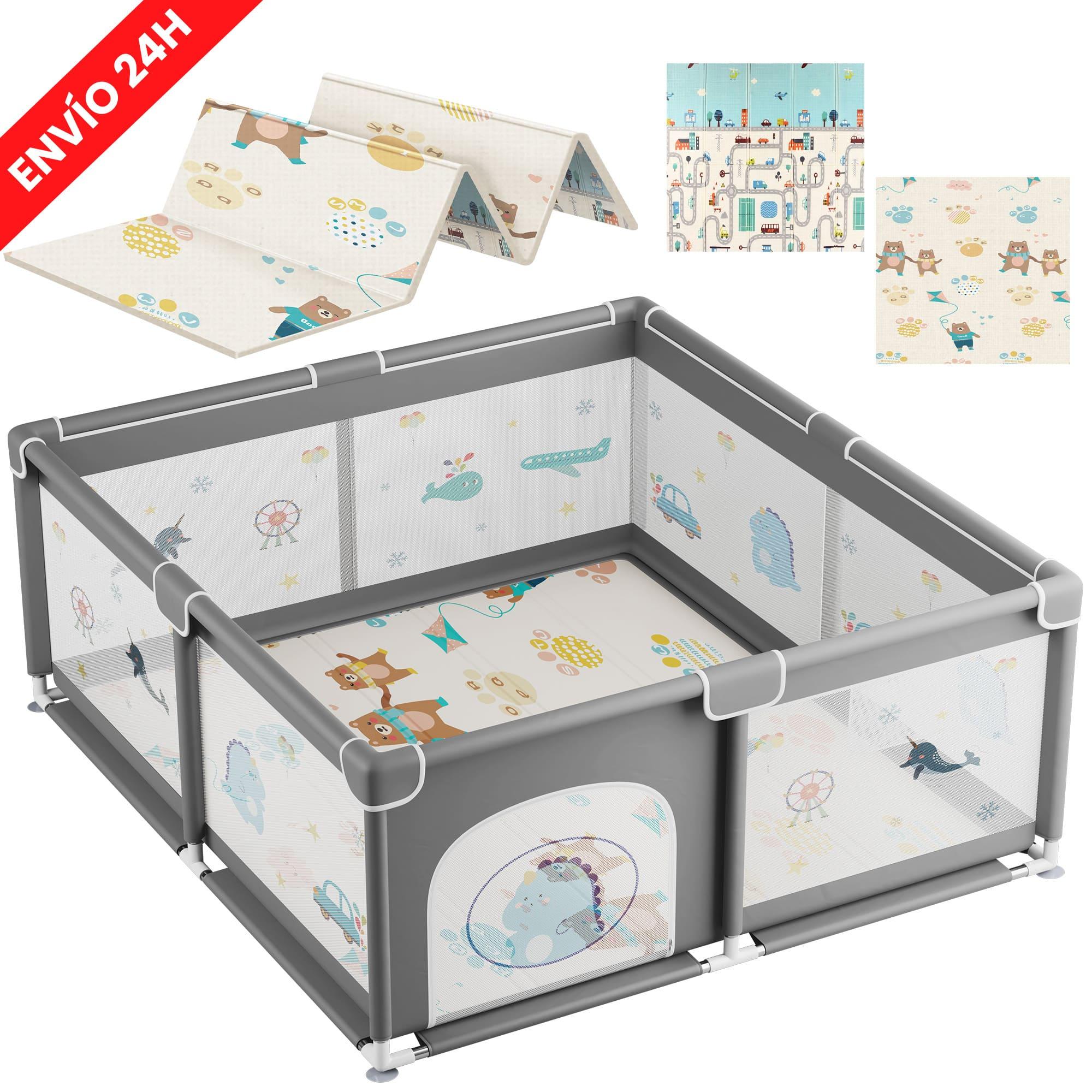 RELAXTY Parque Infantil para Bebé + Alfombra – Plegable con Malla Transpirable y Puerta Lateral