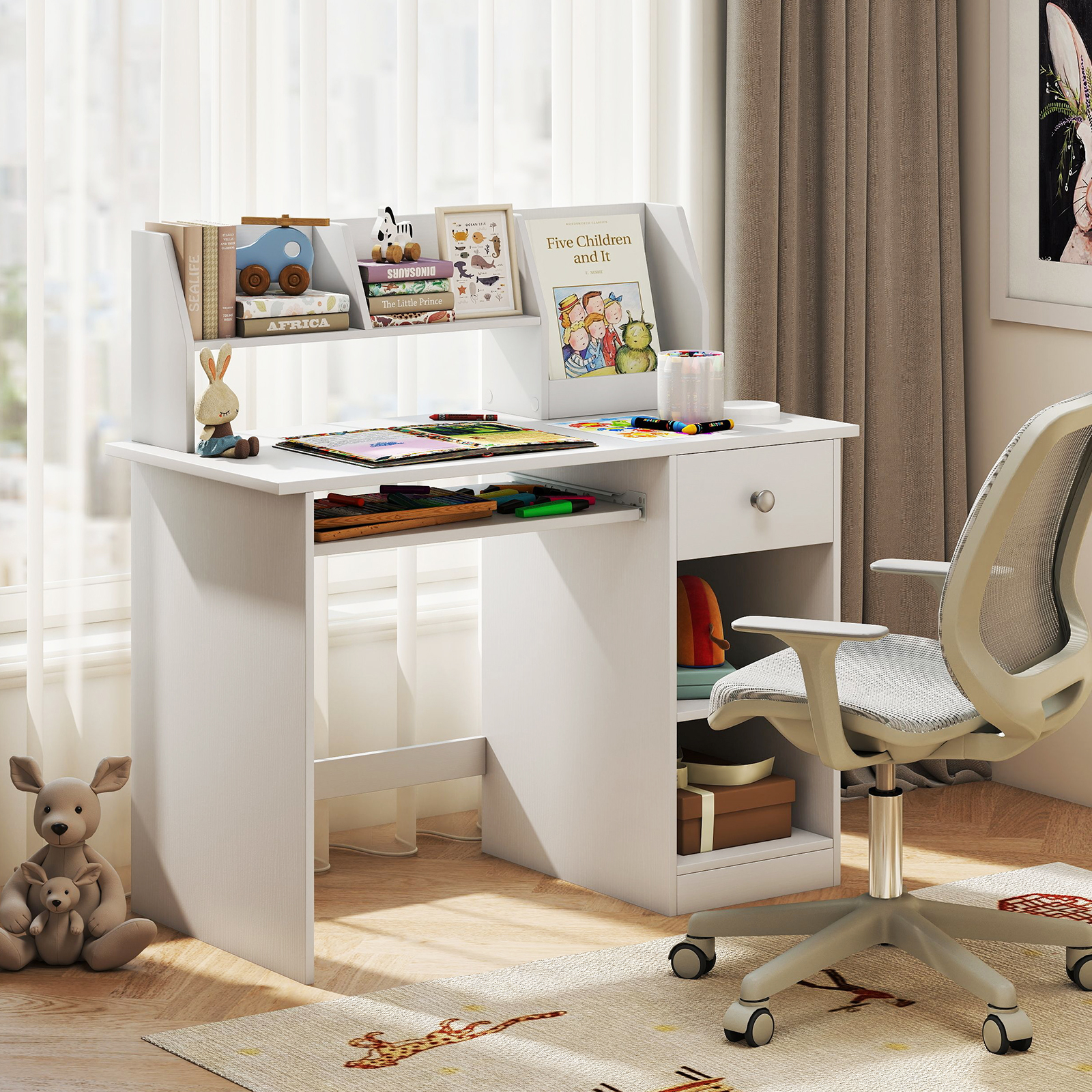 Image of Kids Study Desk, Wooden Writing Table With Keyboard Tray & Drawer, Side Bookshelf & Upper Shelves, Wide Desktop, Multifunctional Student Desk For Boys And Girls Aged 3-6 Years Old