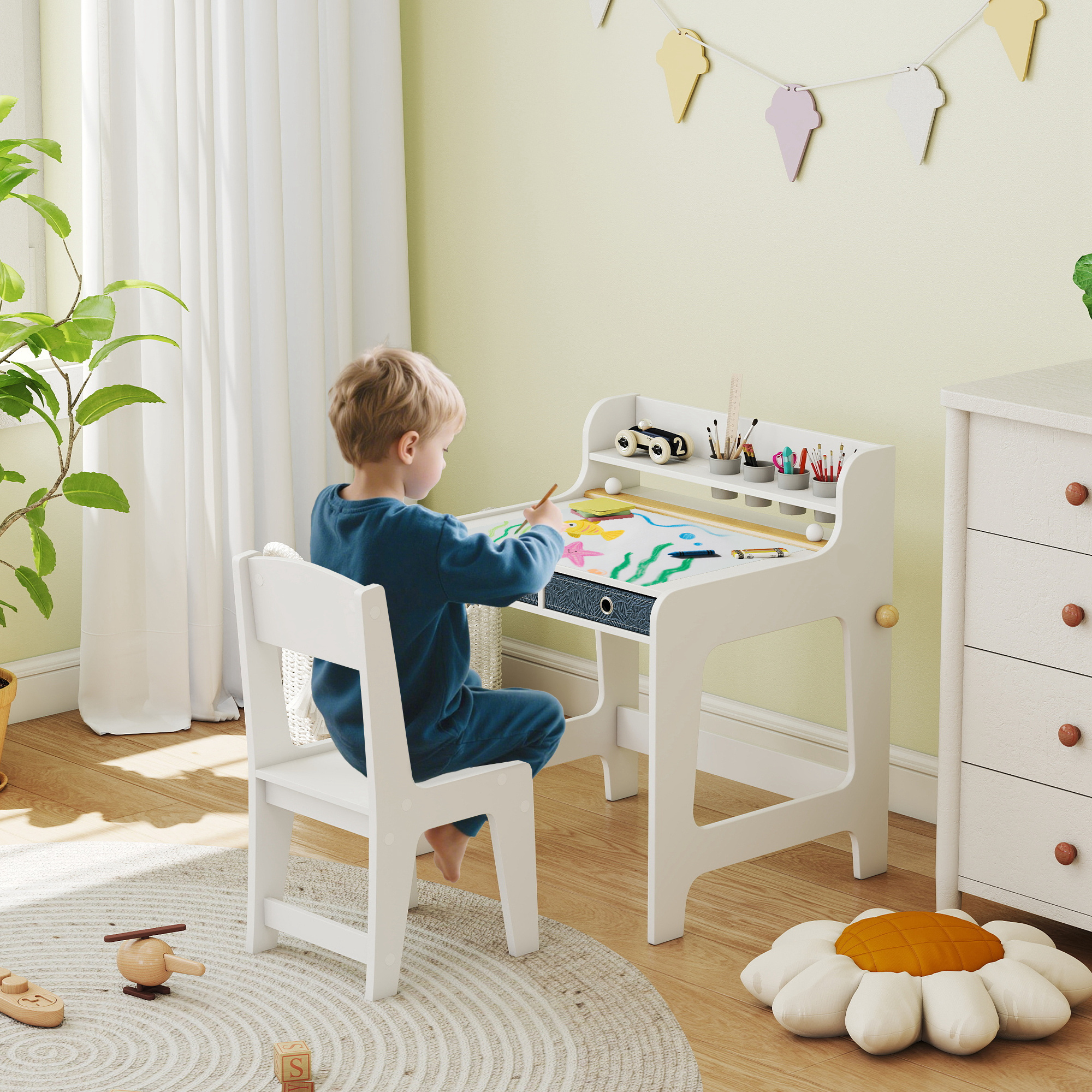 TEMU Kids Desk And Chair Set, Art Table And Chair Set For Children With Hutch & Drawers, Gift For Aged 3-8, Writing Table For Bedroom Playroom