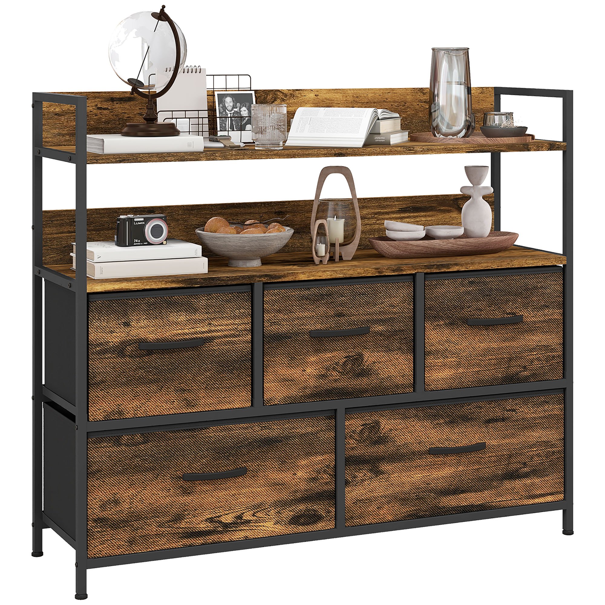 TEMU Commode avec 5 tiroirs en tissu pliables, commode chambre, meuble de rangement avec étagères ouvertes, plateau et cadre en acier, style