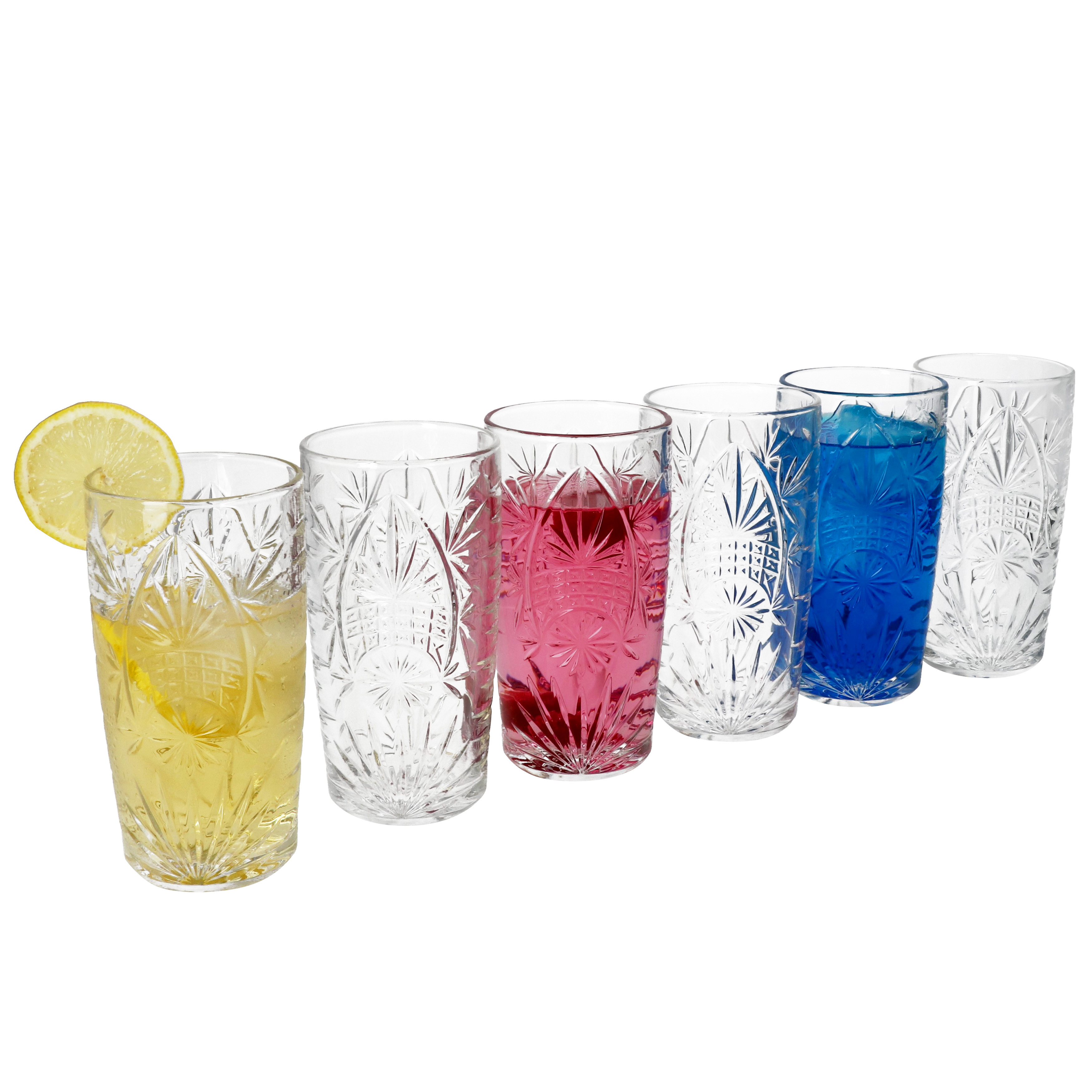 6x Longdrink Glasses 300ml Cocktail Glasses Transparent Relief Party