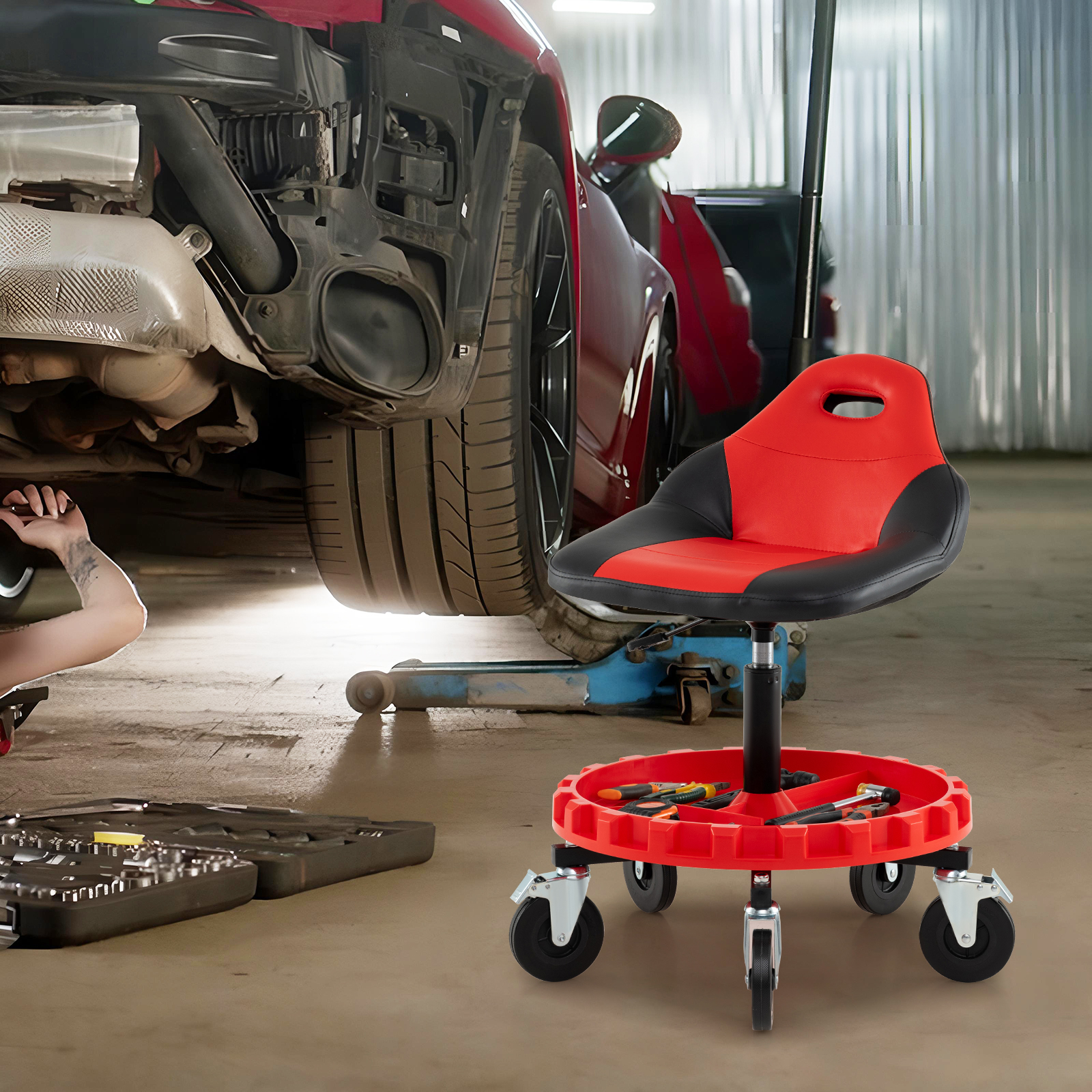 Image of Rolling Garage Stool, Mechanic Stool On Wheels W/ 71-83 Cm Adjustable Height & Tool Tray Storage, 5-wheel Pneumatic Creeper Seat For Auto Repair, 150 Kg