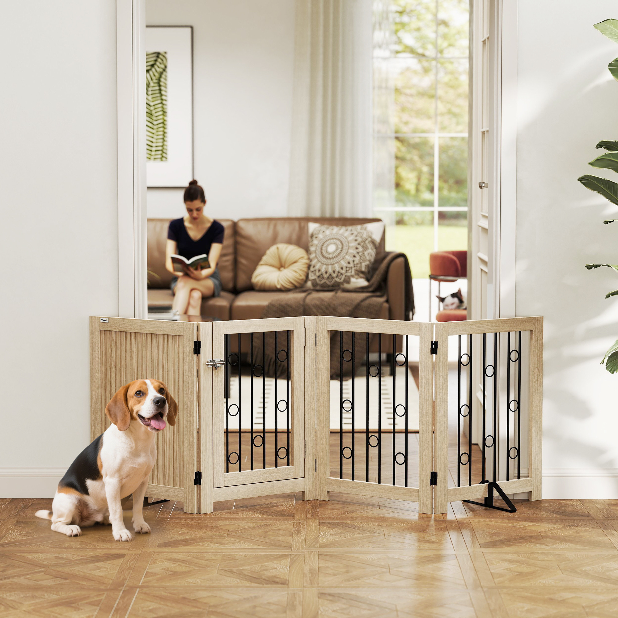 TEMU Freestanding Pet Gate, Foldable Dog Gate With Lockable Door, Metal Support Feet & 360° Flexible Hinges, 4 Panel Indoor Safety Dog Barrier For
