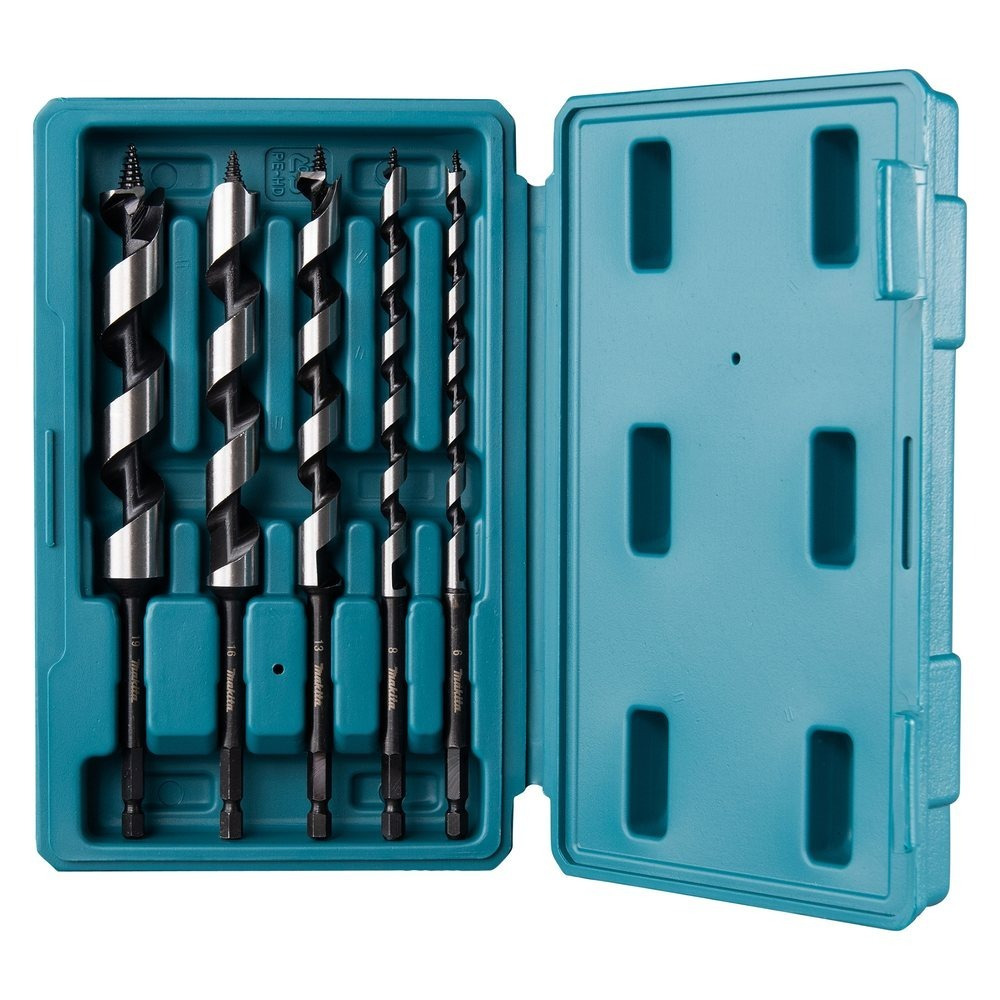 Image of | Makita D-75677 Drill Bit Set 5pcs - 6-19mm Diameter, 200mm Length, 1/4″ Hex Wood Drill Bits With Plastic Storage Box |