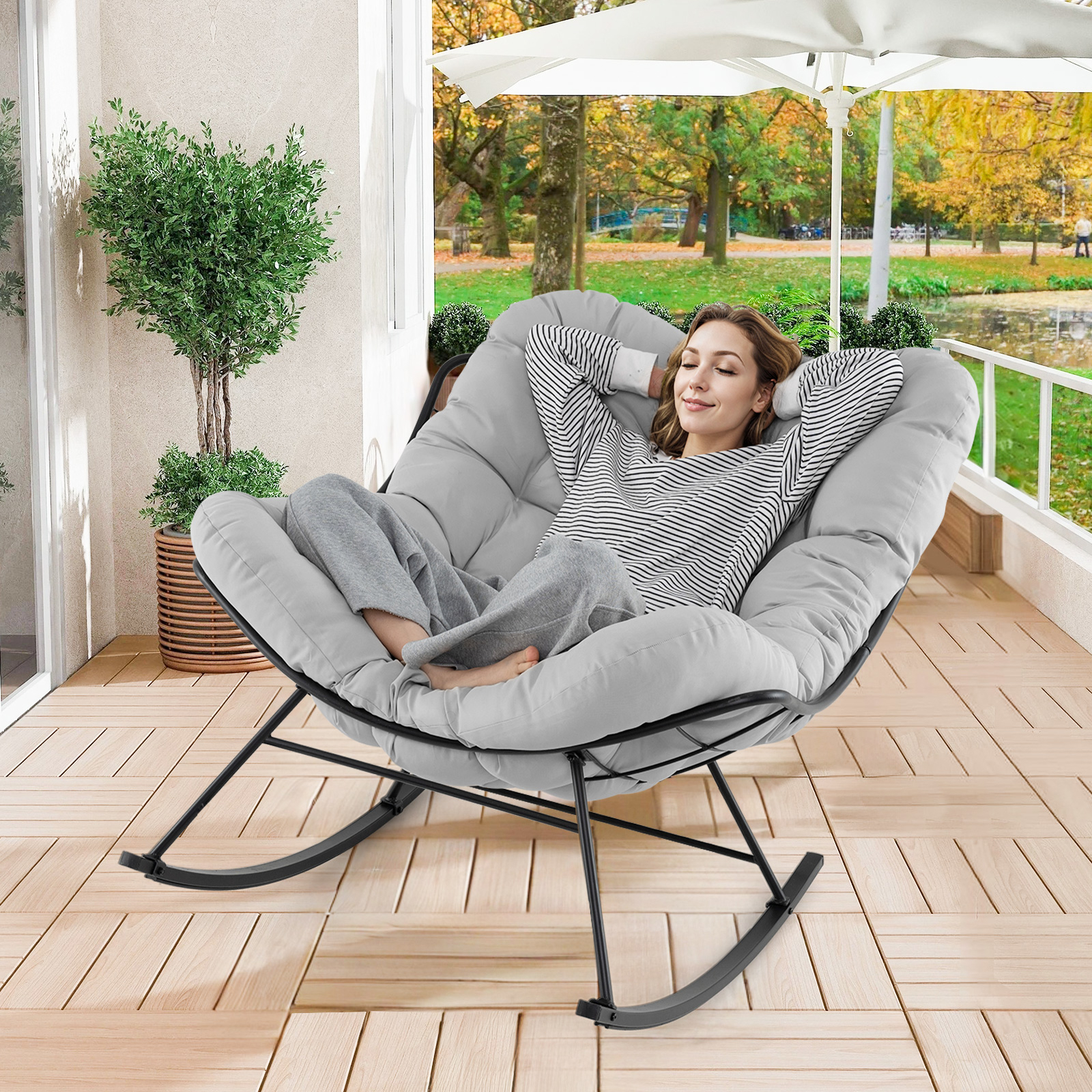 Image of Indoor Outdoor Rocking Chair, Oversized Egg Papasan Chair With Padded Cushion, Patio Rocker Chair With 450 Lbs Capacity Metal Frame For Porch Garden Backyard, Grey