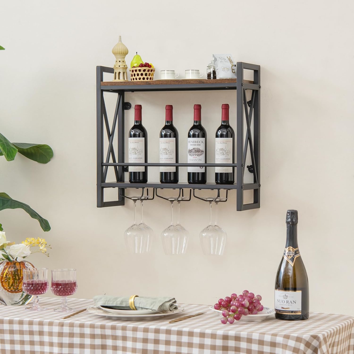 Image of Industrial Wine Rack Wall Mounted With Glass Holder, 2-tier Wine Display Shelf For 12 Glasses And 14 Bottles, Metal Bar Shelves, Rustic Brown