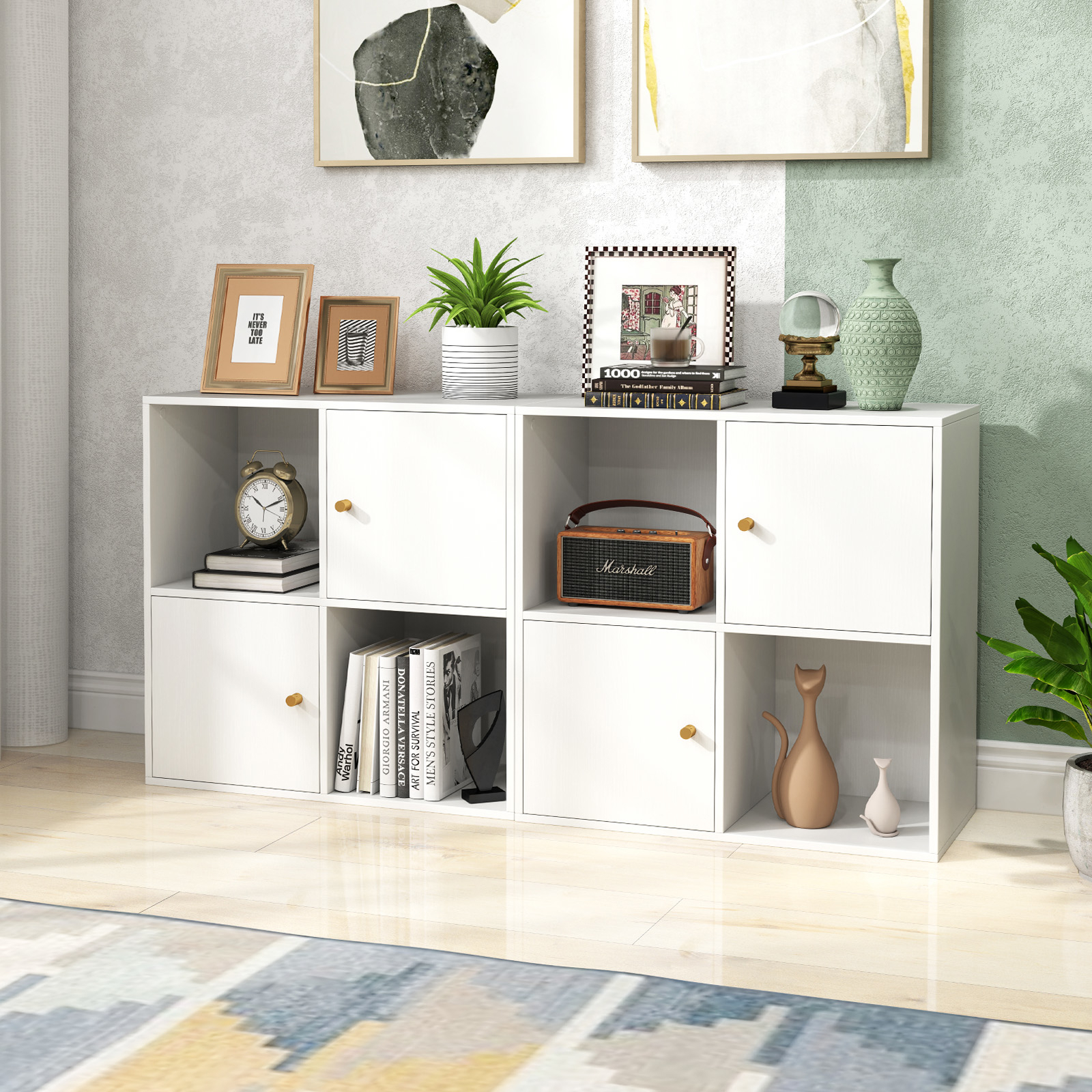 4-cube Bookcase, 3-tier Bookshelf With Dual Anti-tipping Kits & 2 Cabinets, Standing Shelving Storage Organizer, Wooden Display Shelf For Home Office, Living Room & Bedroom, White