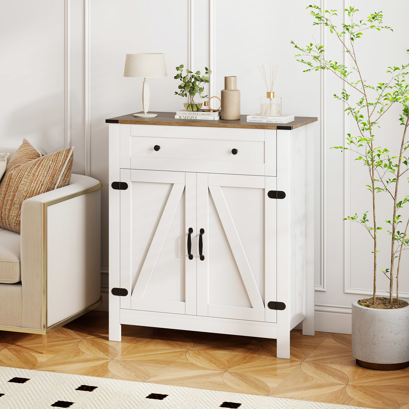 Image of Farmhouse Sideboard Buffet Cabinet, Kitchen Pantry Storage Cabinet With Doors, Drawer & Adjustable Shelf, Floor Accent Coffee Bar Station For Dining Room, Living Room, Entryway, White
