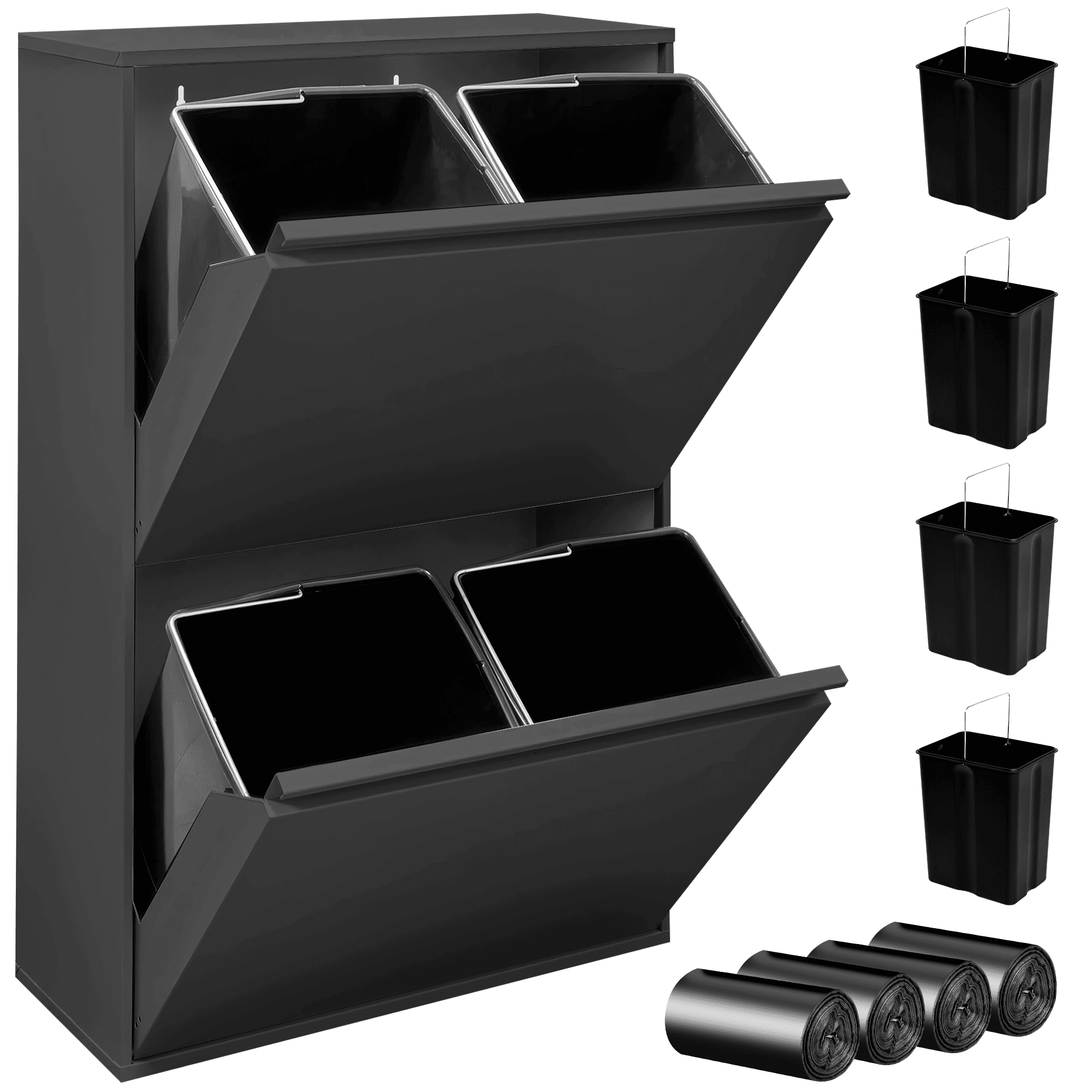 Kitchen Trash Can With 4 Compartments – Cabinet With 2 Pull-out Drawers And 4 X 17l Containers – Fingerprint-resistant