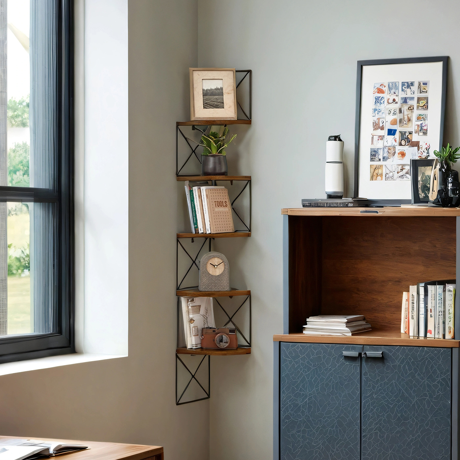 E-shop Eckregal, Bücherregal mit -Design, 5 Ebenen, ‎20 x 20 x 127,5 cm, für Schlafzimmer, Arbeitszimmer, Wohnzimmer, vintagebraun-schwarz
