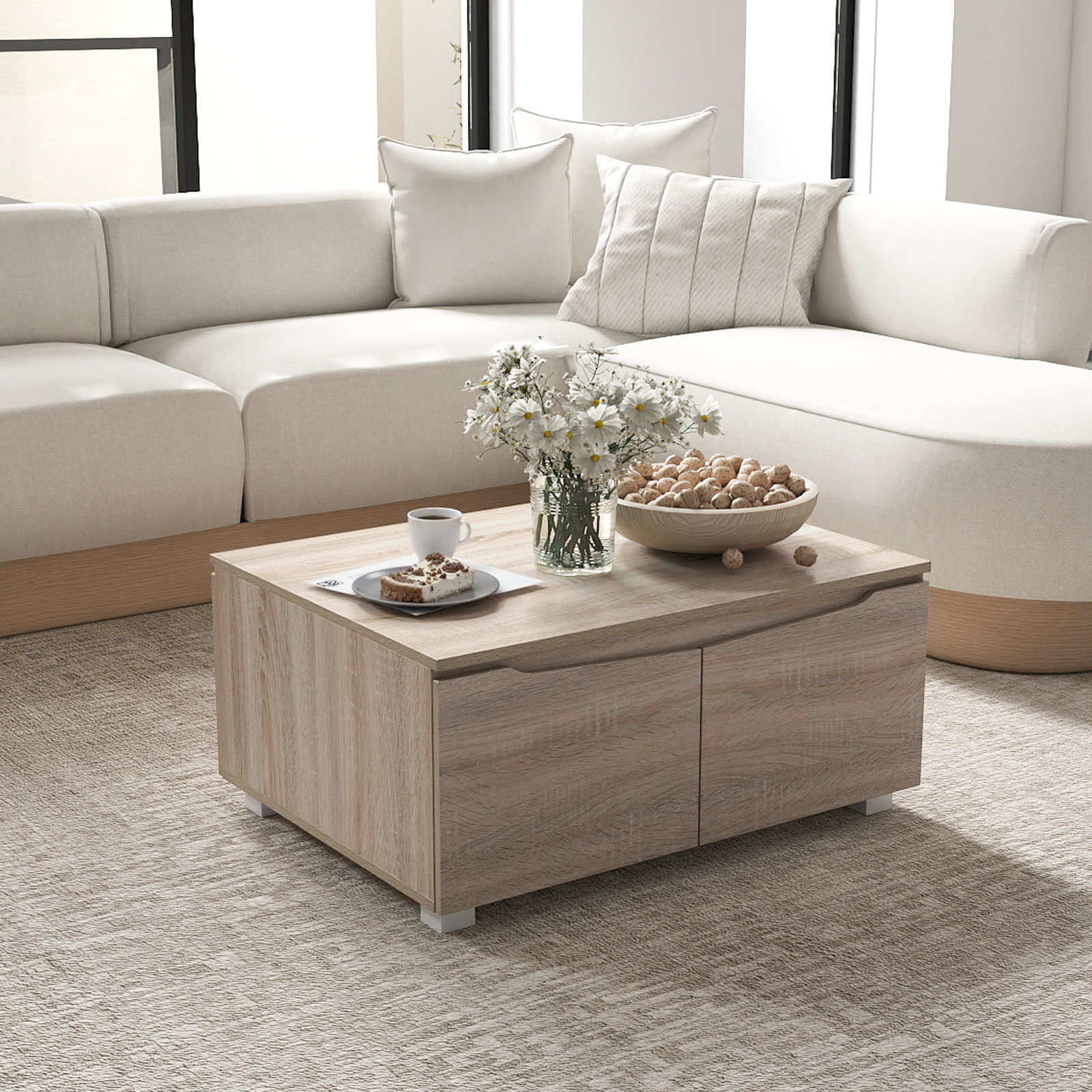 Image of Farmhouse Coffee Table With Storage, Center Table With & 2-way Opening, Rustic Accent Cocktail Table, Low Tea With Large Cabinet For Living Room, 80 X 60 Cm, Oak