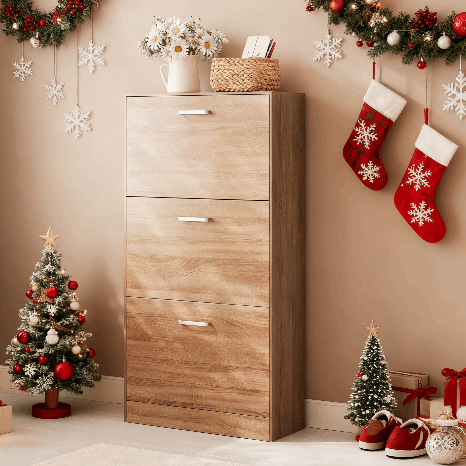 Image of Shoe Cabinet With 3 Doors Shoe Rack Shoe Storage Shoe Dresser In Oak Color, Adjustable 60 X 120 X 24 Cm (w X H X D), Oak Optic