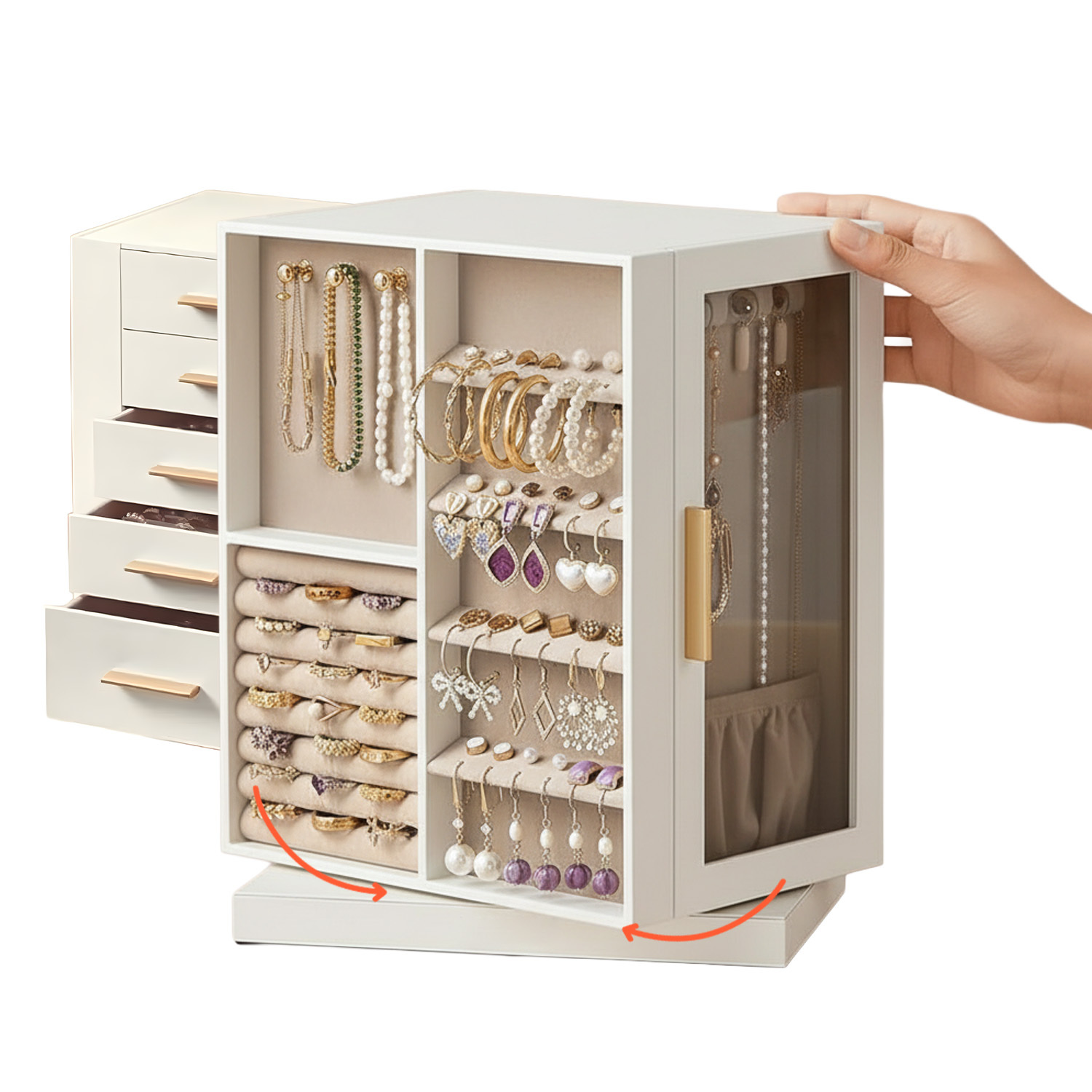 360° Rotating Jewelry Organizer With Drawers, Hooks, And Velvet Lining