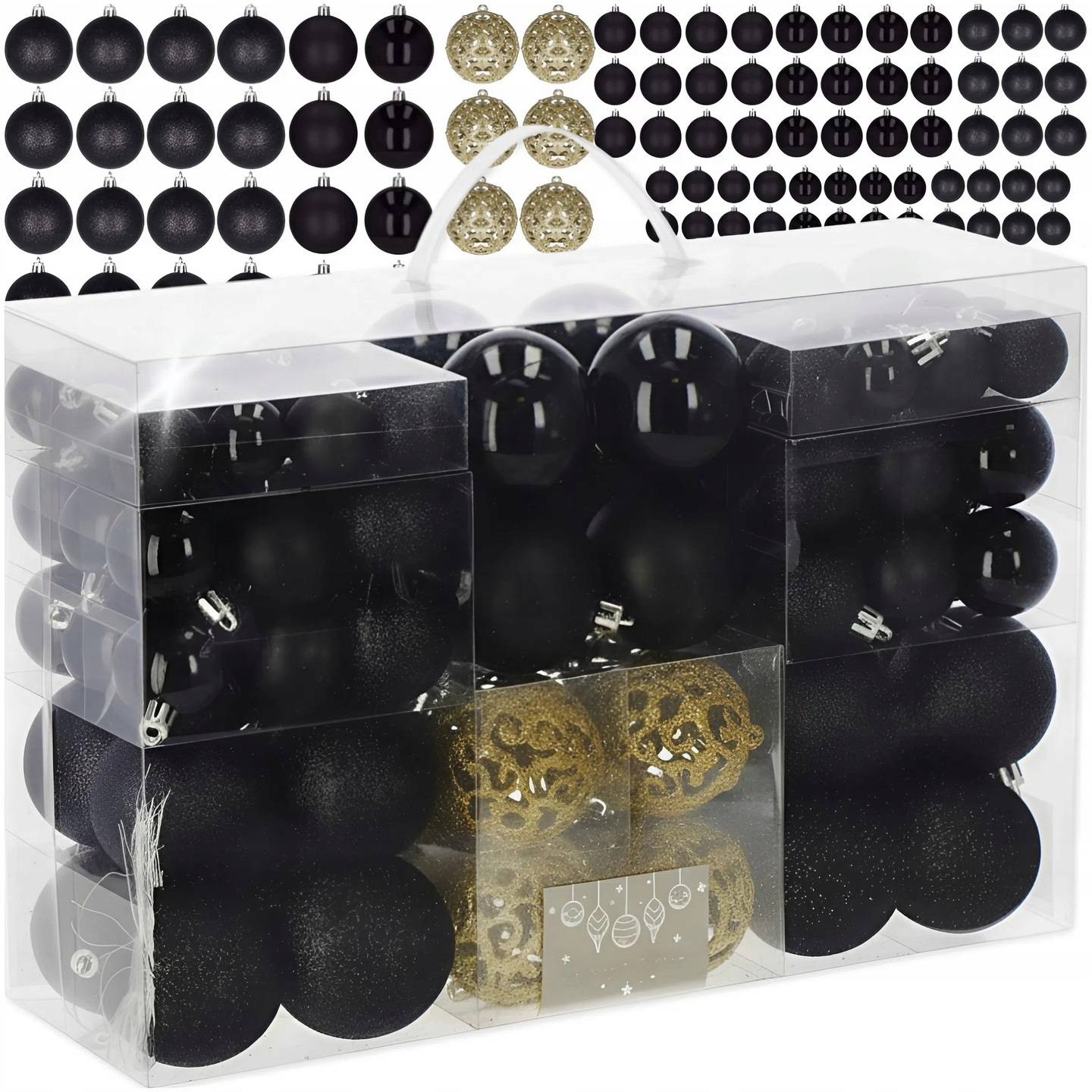 TEMU Christmas Ornaments Large Xxl Set For Christmas Tree Black Gold 100 Pcs 6 Cm 4 Cm 3 Cm Complete Set Of Holiday Decorations Matte Shimmer Glitter