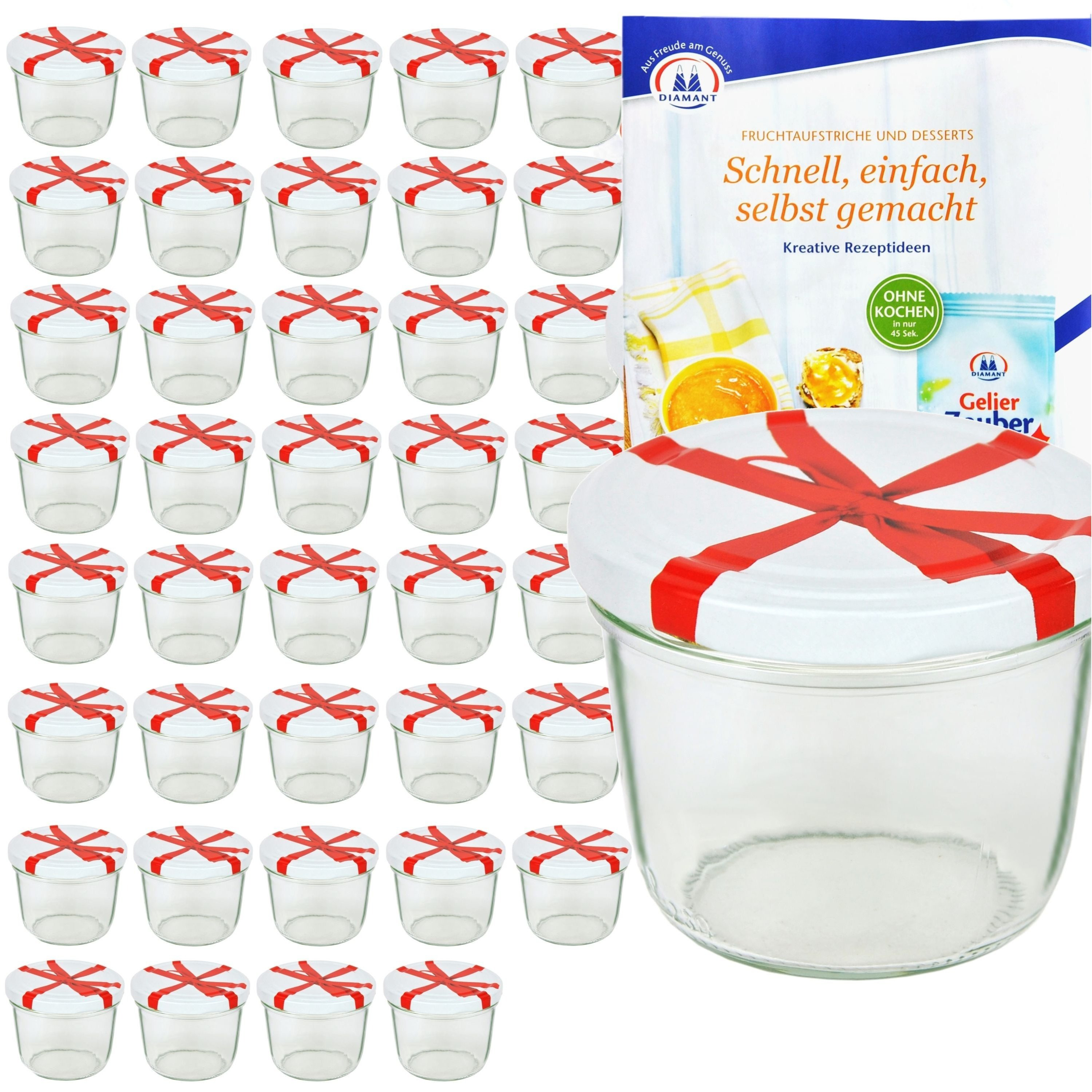 E-shop 40er Set Sturzglas 230 ml mit Schleifendekor Deckel inkl. Diamant Gelierzauber Rezeptheft