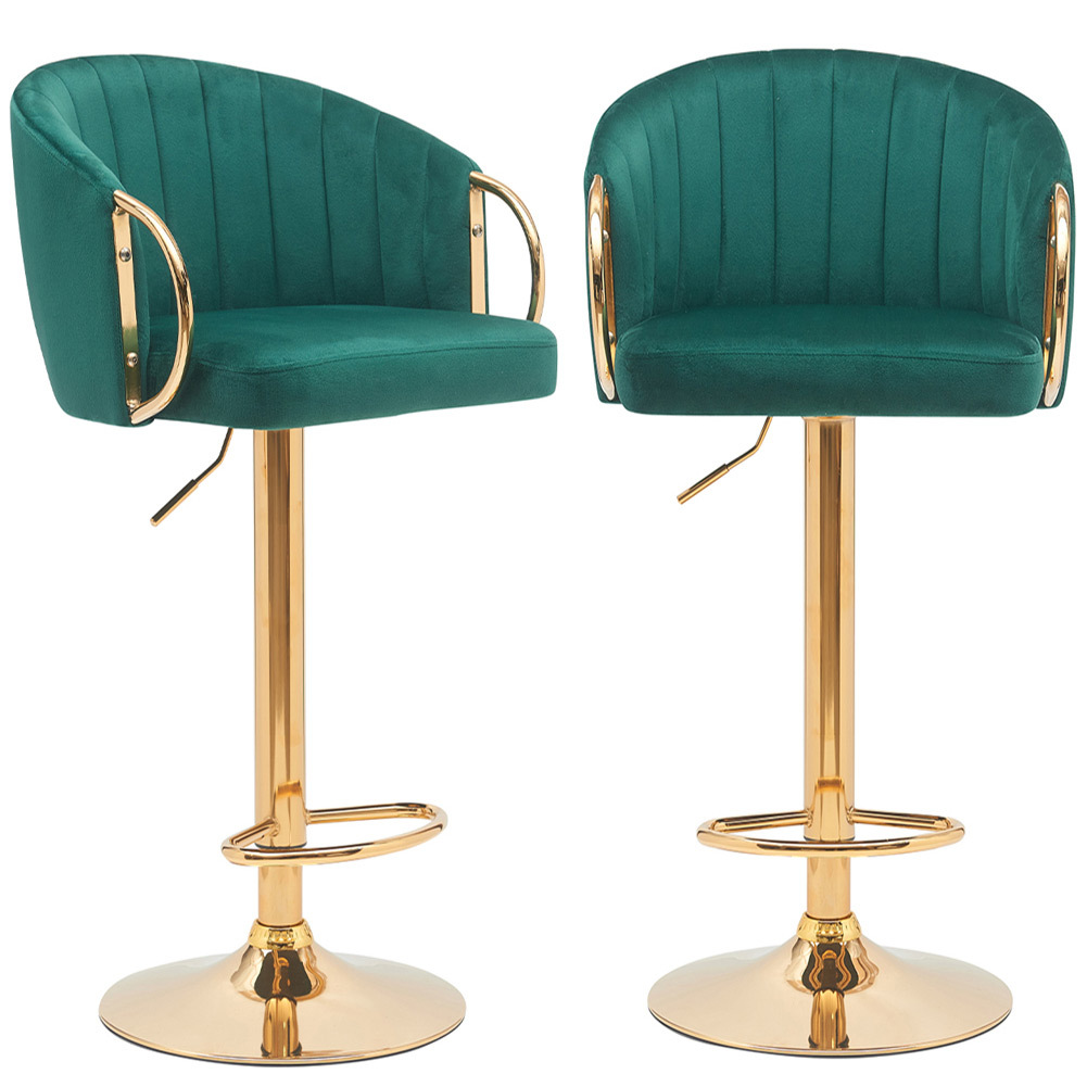 Bakaji Set 2 Adjustable Height Kitchen Stools With Fabric Upholstery, Bar Chairs, Restaurants, With Gold Structure And Footrest, Rotating Stool With Comfortable Padded Backrest