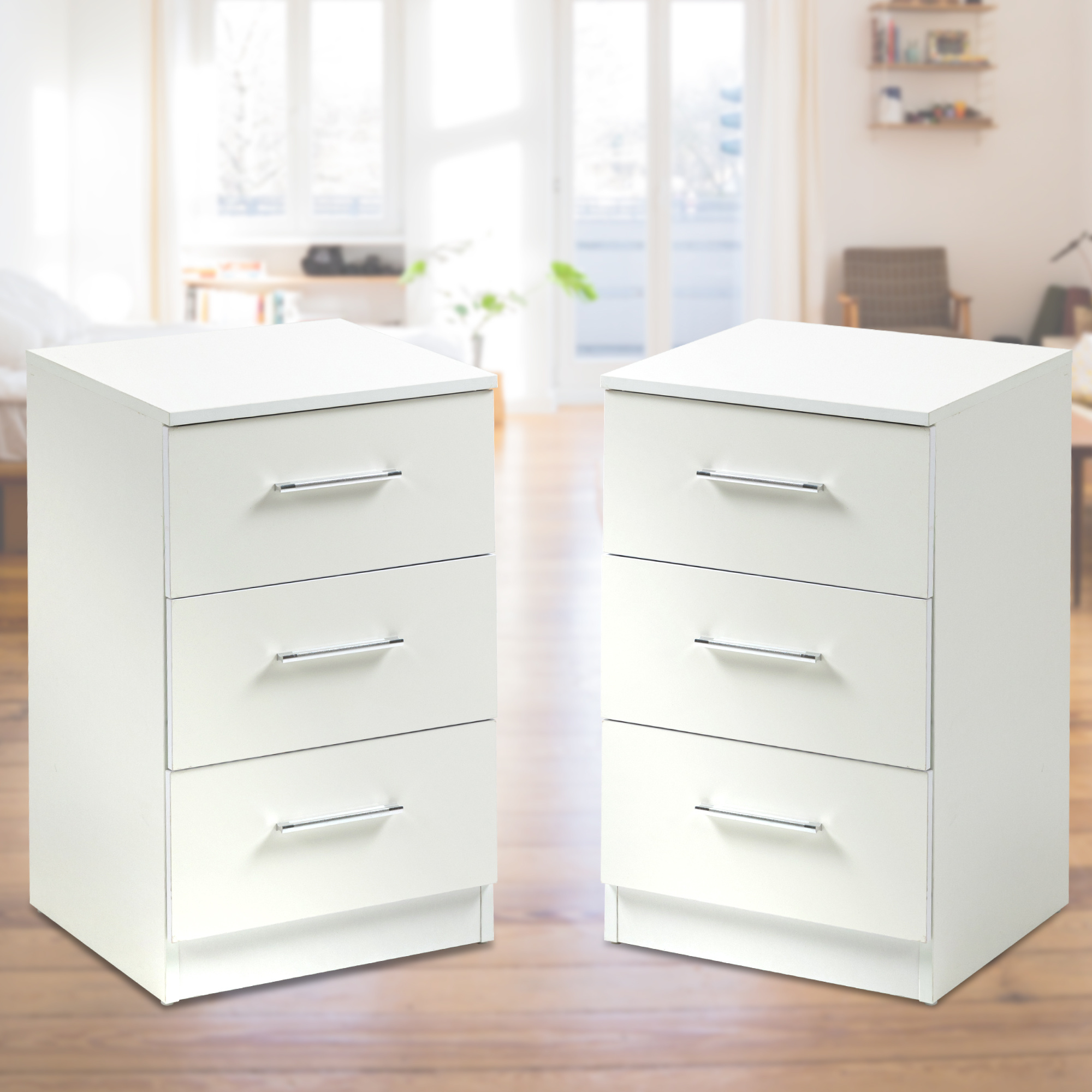 2x Modern Nightstand Dresser High-gloss With Storage 3 Drawers Nightstand