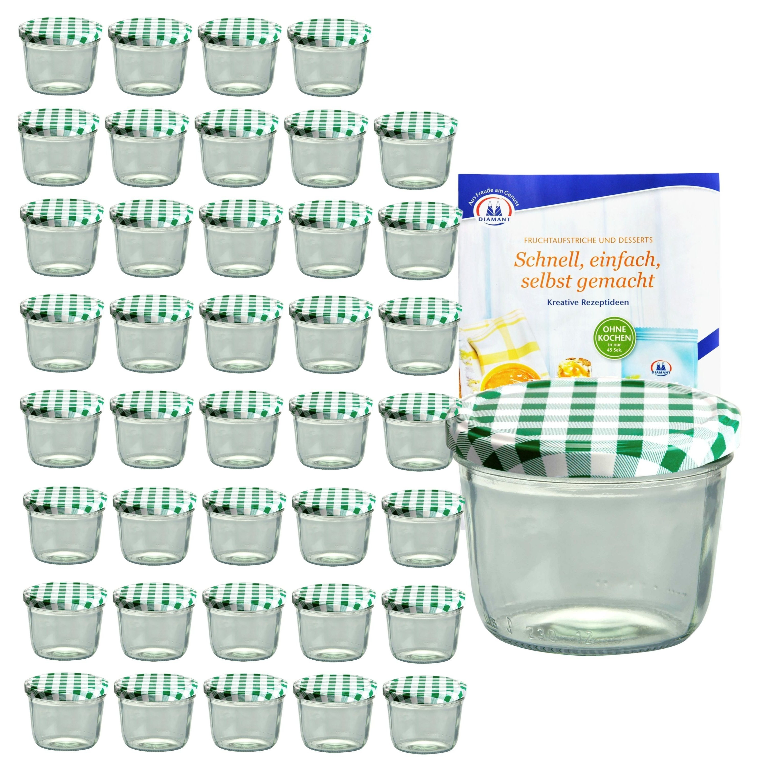 E-shop 40er Set Sturzglas 230 ml mit grün kariertem Deckel inkl. Diamant Gelierzauber Rezeptheft