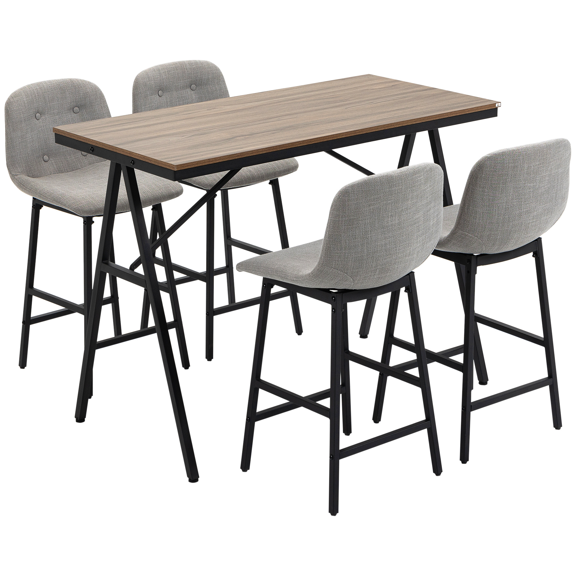 Image of Homcom Bar Table Set With Stools, Standing Dining Table With 4 Padded Chairs, Steel Legs, Industrial Style, Table And 4 Stools For Dining Room, Kitchen, Light Gray