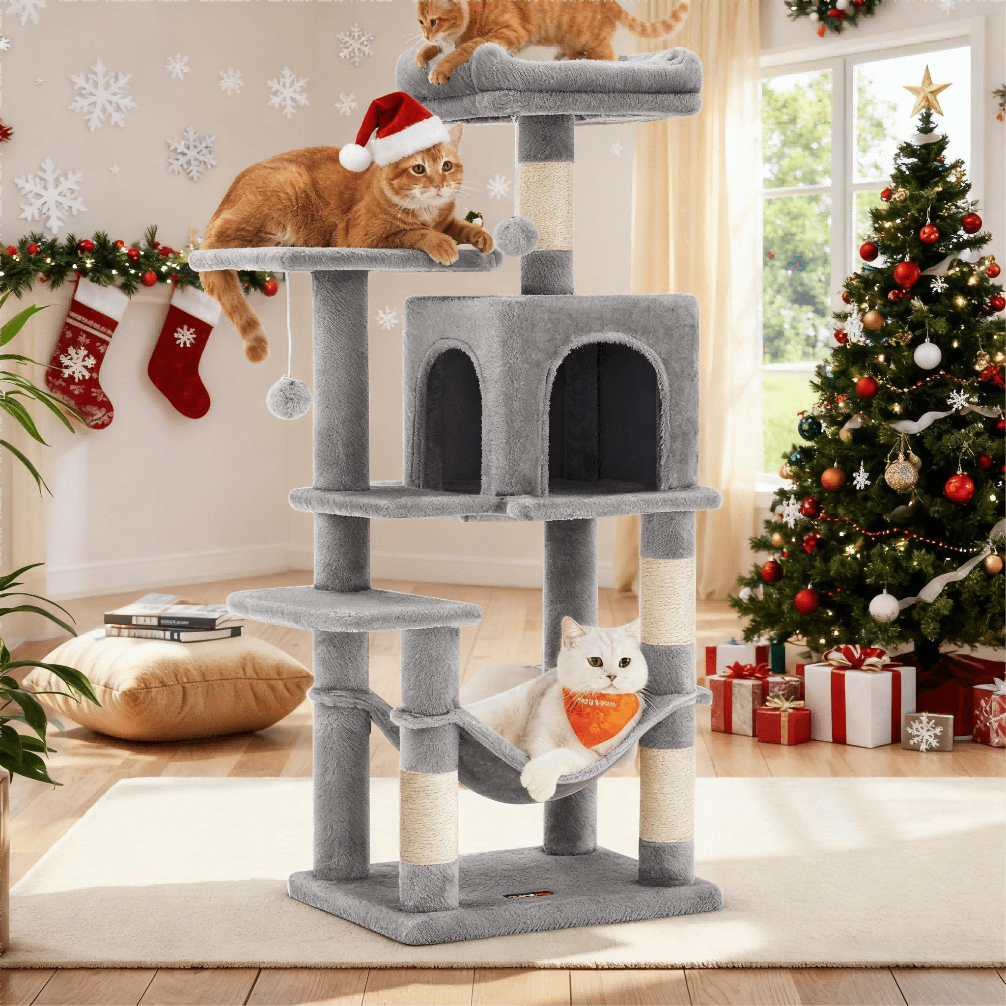 E-shop Katzenklettergerüst 112 cm hoch，Kratzbaum，mehrstöckiger Katzenbaum mit Höhle Schlafnest Plüschspielzeug , mehrstöckiges Katzenhaus mit 4
