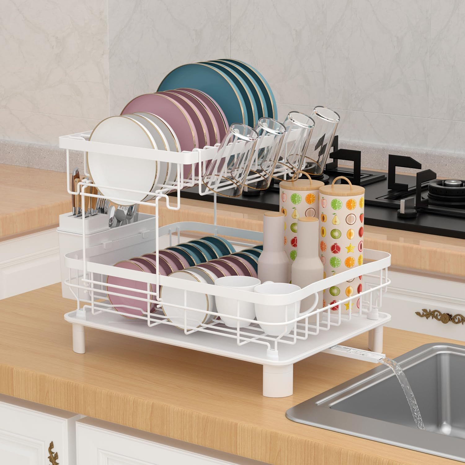 TEMU Dish Drainers,dish Drainer Dish Rack,dish Drying Rack,double Layer Dish Rack With Drainage Plate And Rotating Nozzle, Dish Drying Rack With