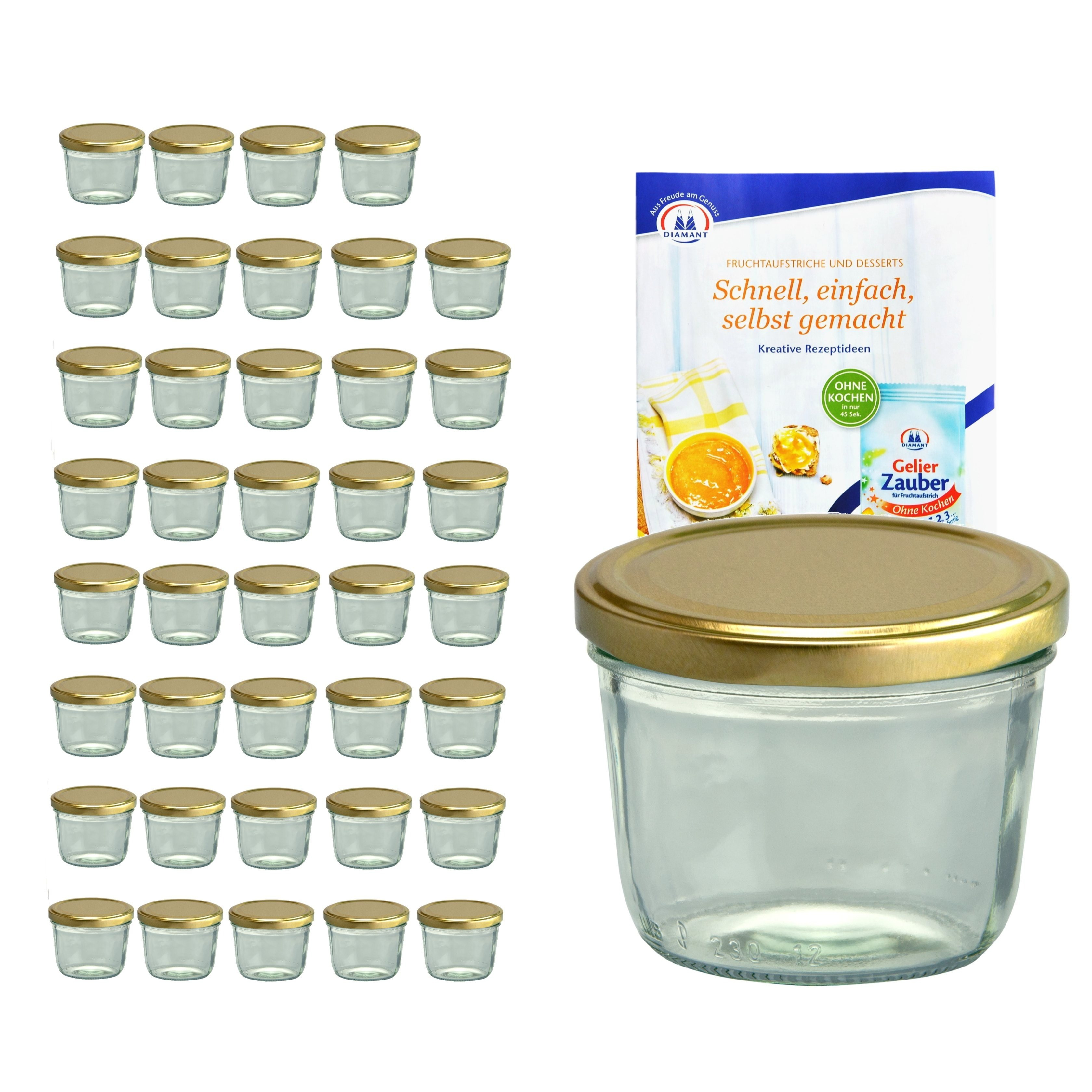 E-shop 40er Set Sturzglas 230 ml mit goldenem Deckel inkl. Diamant Gelierzauber Rezeptheft