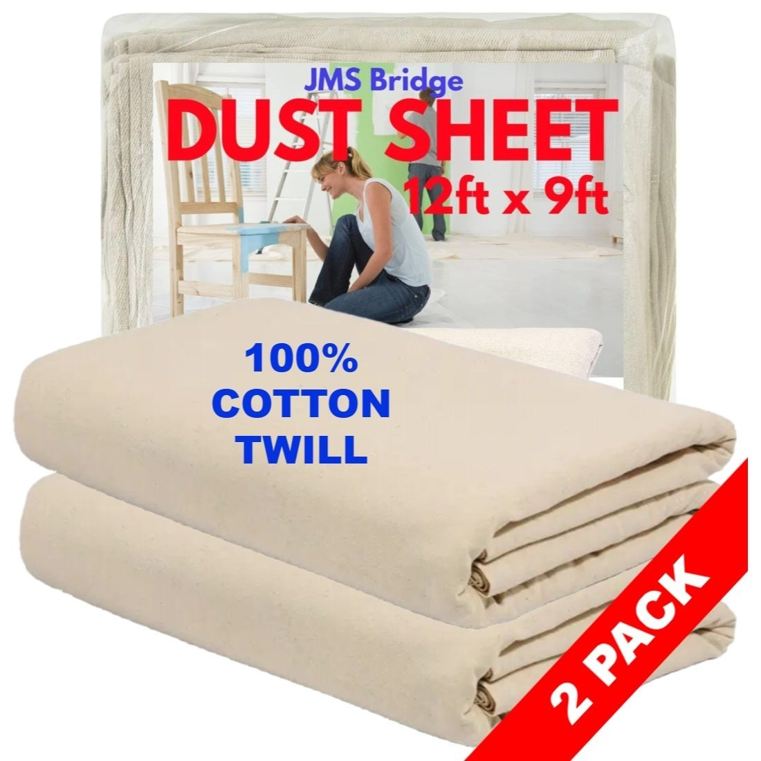 TEMU Pack Of 2 Twill Dust Sheets 12ft X 9ft (3.6m X 2.7m) - Washable Reusable Drop Cloth, Paint Cover Sheets For Painting & Decorating, Furniture