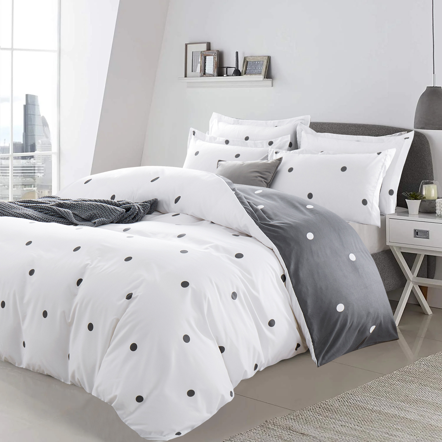 3pcs reversible polka dot duvet cover set hotel   breathable microfiber with pillowcases button closure machine washable wrinkle free durable