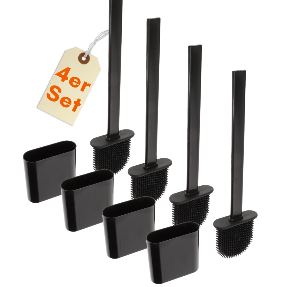 Image of 4-piece Set Black Silicone Toilet Brush With Wall Mount, No-drill Toilet Brush Holder, Toilet Brush Set, 4 Pieces