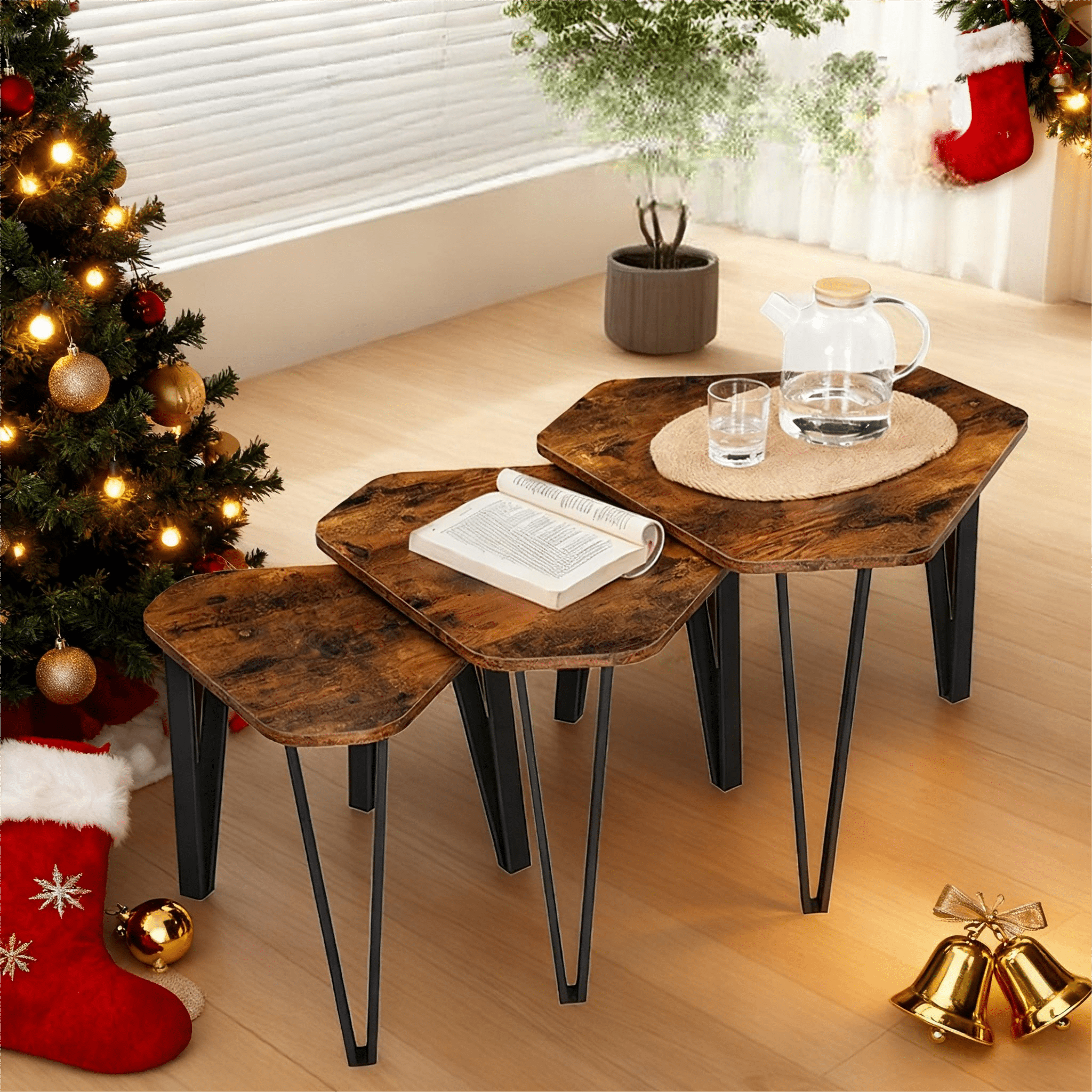 3-piece Set Brown Side Table With Metal Legs, Coffee Table, Nesting Tables, Nightstand, Easy Assembly, , For Reception Area, Office, Living Room, Bedroom, Multifunctional, Space-