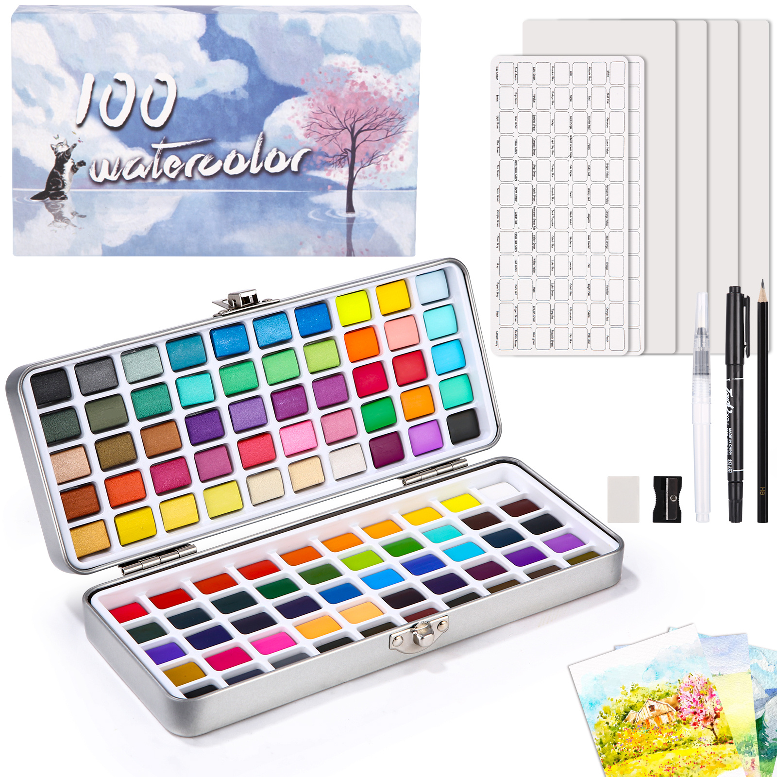 E-shop 100 Farben Aquarellfarben Set, Tragbares Aquarell Reise Set mit Aquarellpapier, Pinseln und anderen Werkzeugen, Idee für Künstler und