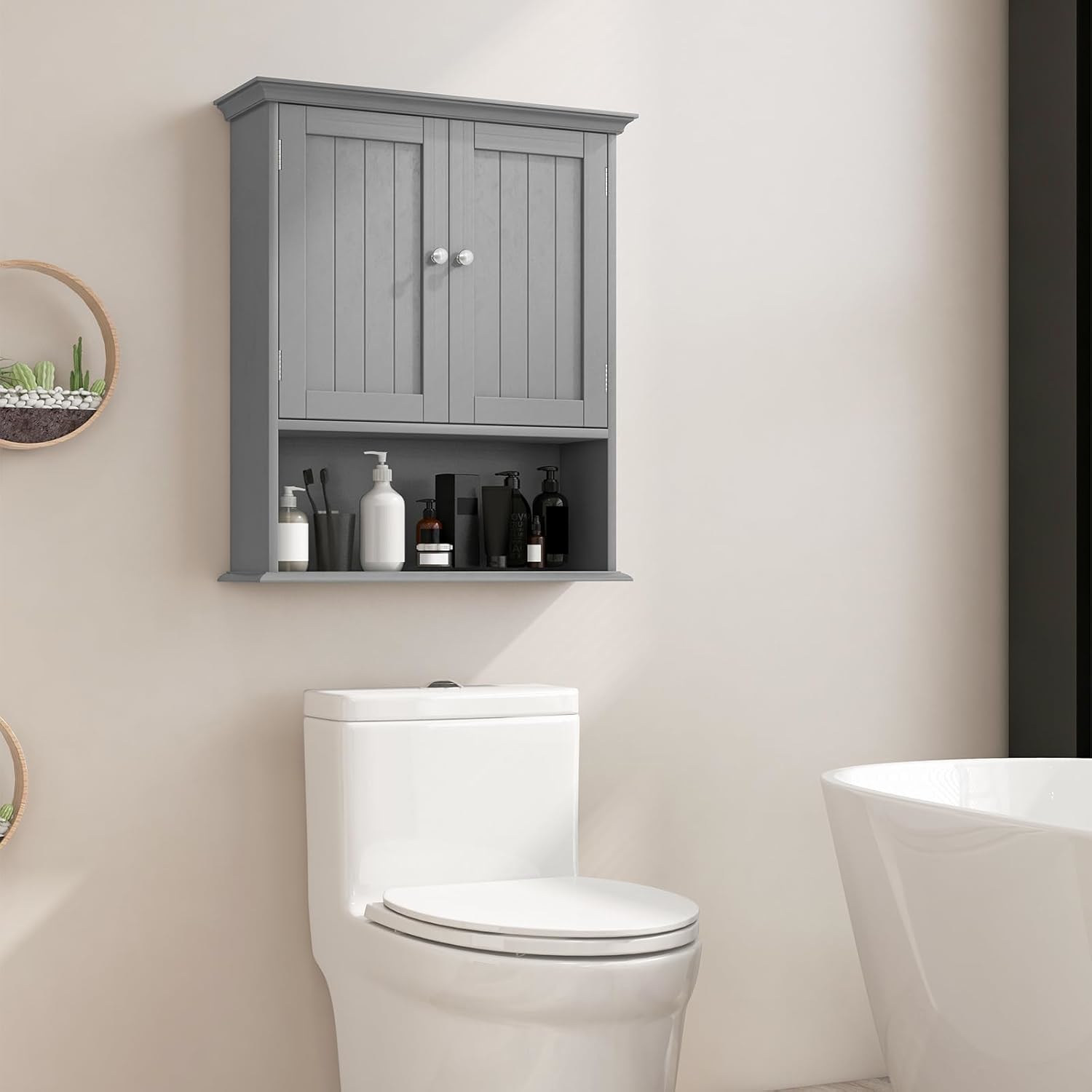 Image of Bathroom Wall-mounted Cabinet, Wall Medicine Cabinet With Adjustable Shelf, Open Rack And 2 Doors
