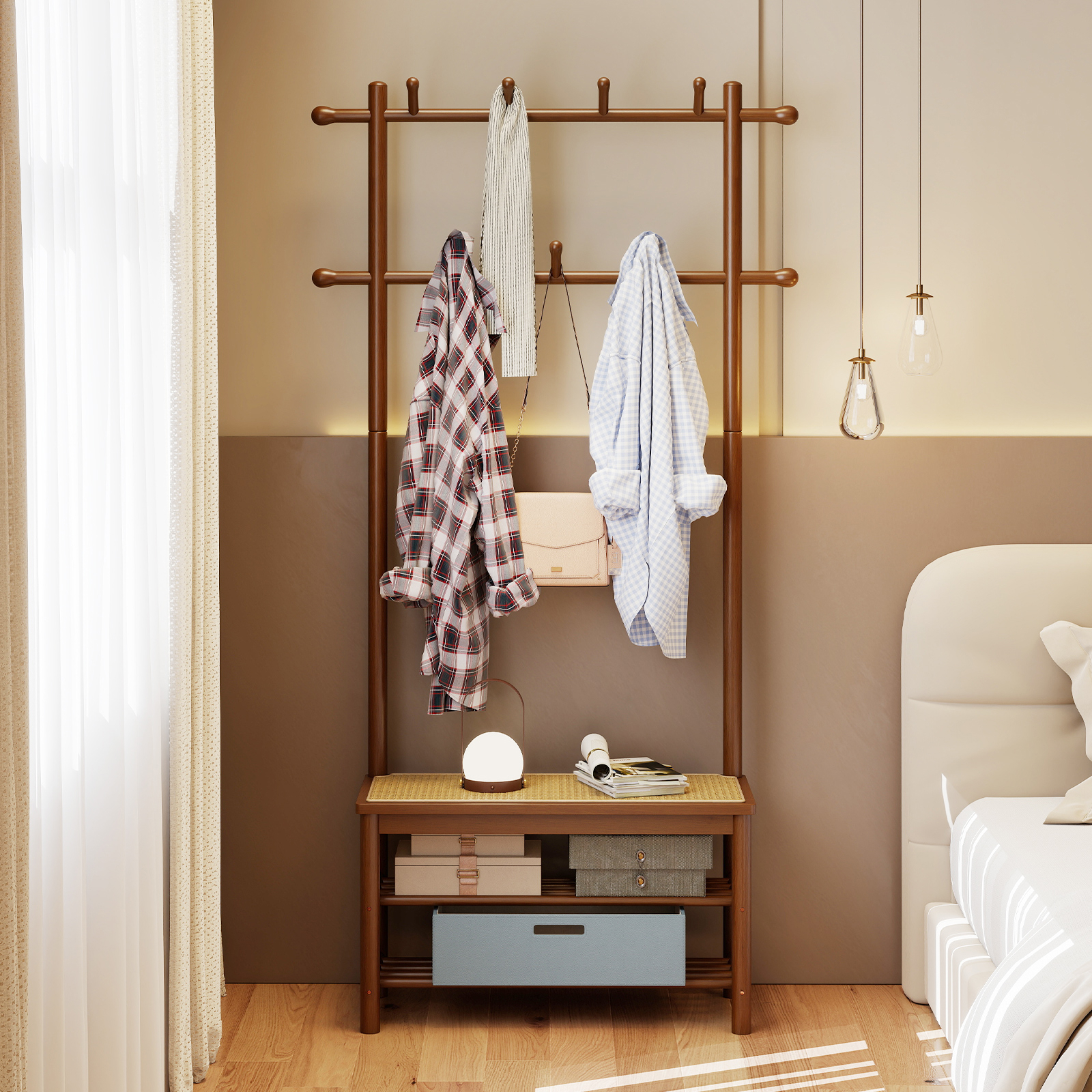 Bamboo Coat Rack, Pe Rattan Hall Tree With Bench And Shoe Storage, 3-in-1 Entryway Bench With 2 Hanging Rods